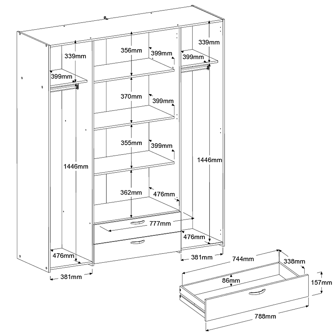 Armoire Salvador miroirs, 4 portes & 2 tiroirs - blanc - Image 3