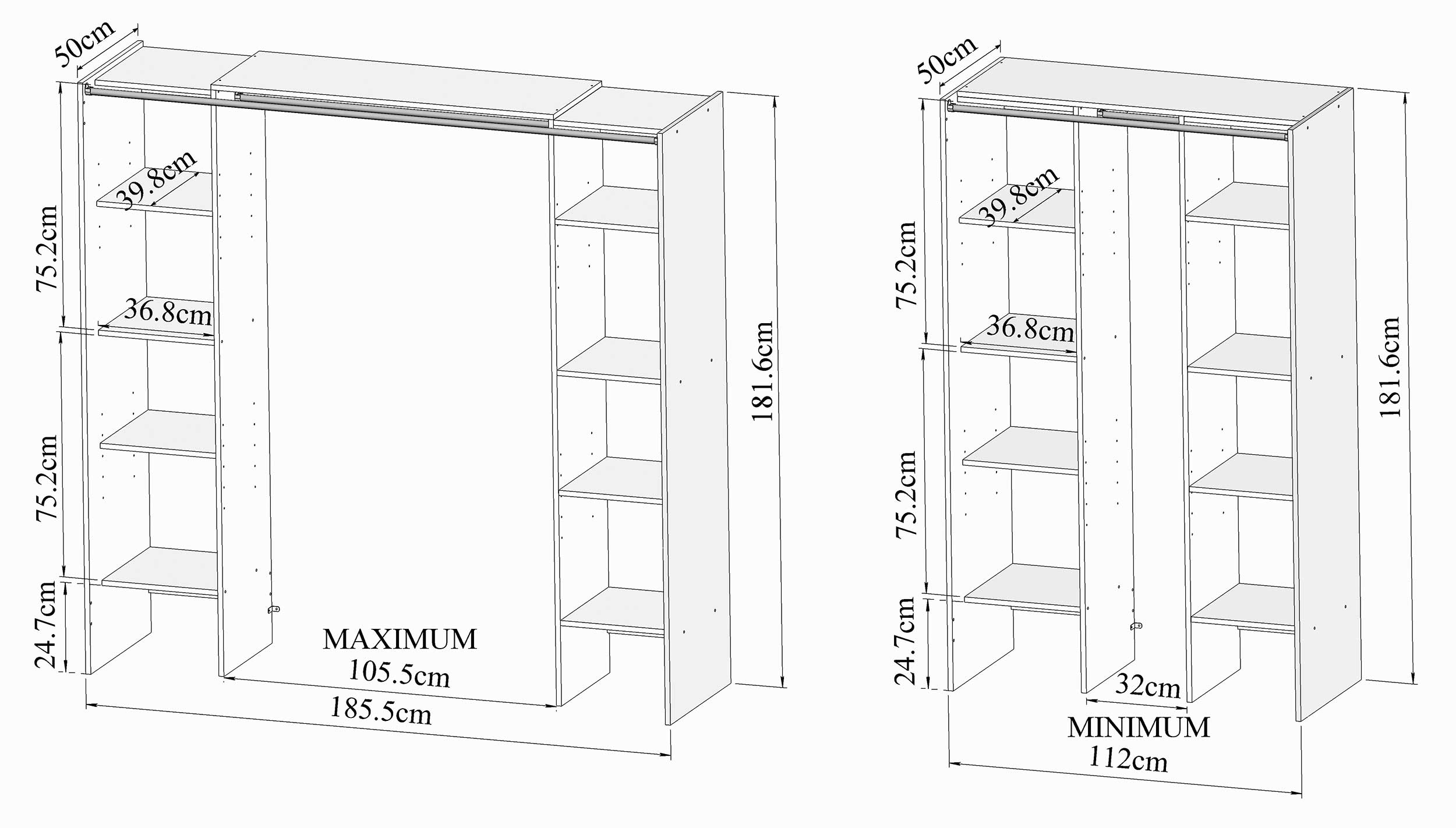 Armoire Spike 112/185cm avec rideau - blanc/gris - Image 3