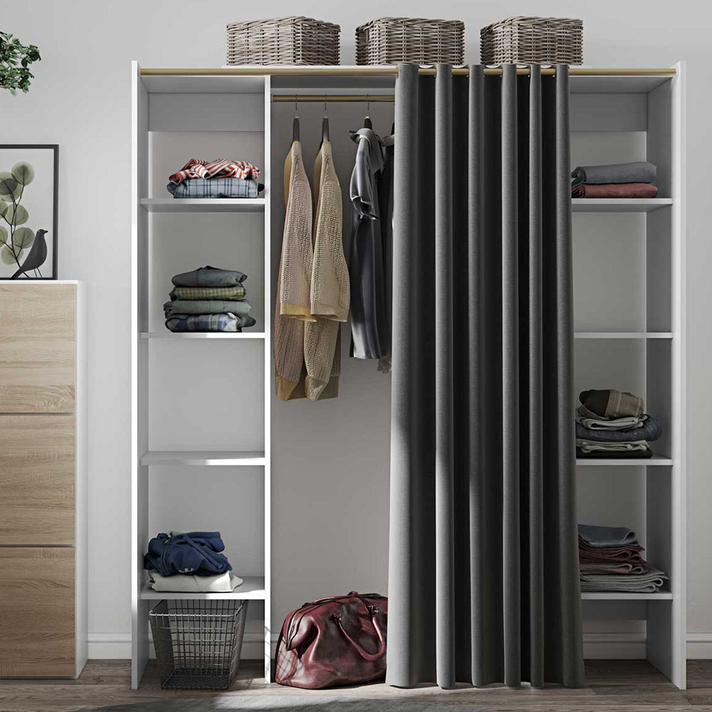 Armoire Spike 112/185cm avec rideau - blanc/gris - Image 1