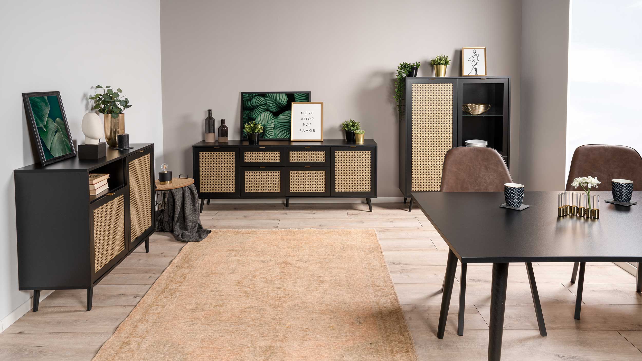 Bahut Daka 180cm 4 portes & 2 tiroirs - noir/beige - Image 4