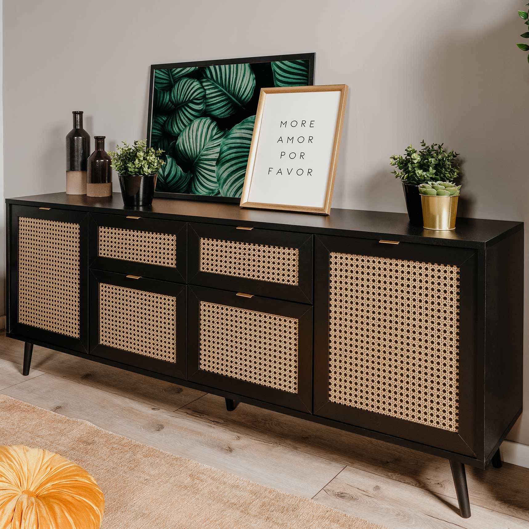 Bahut Daka 180cm 4 portes & 2 tiroirs - noir/beige