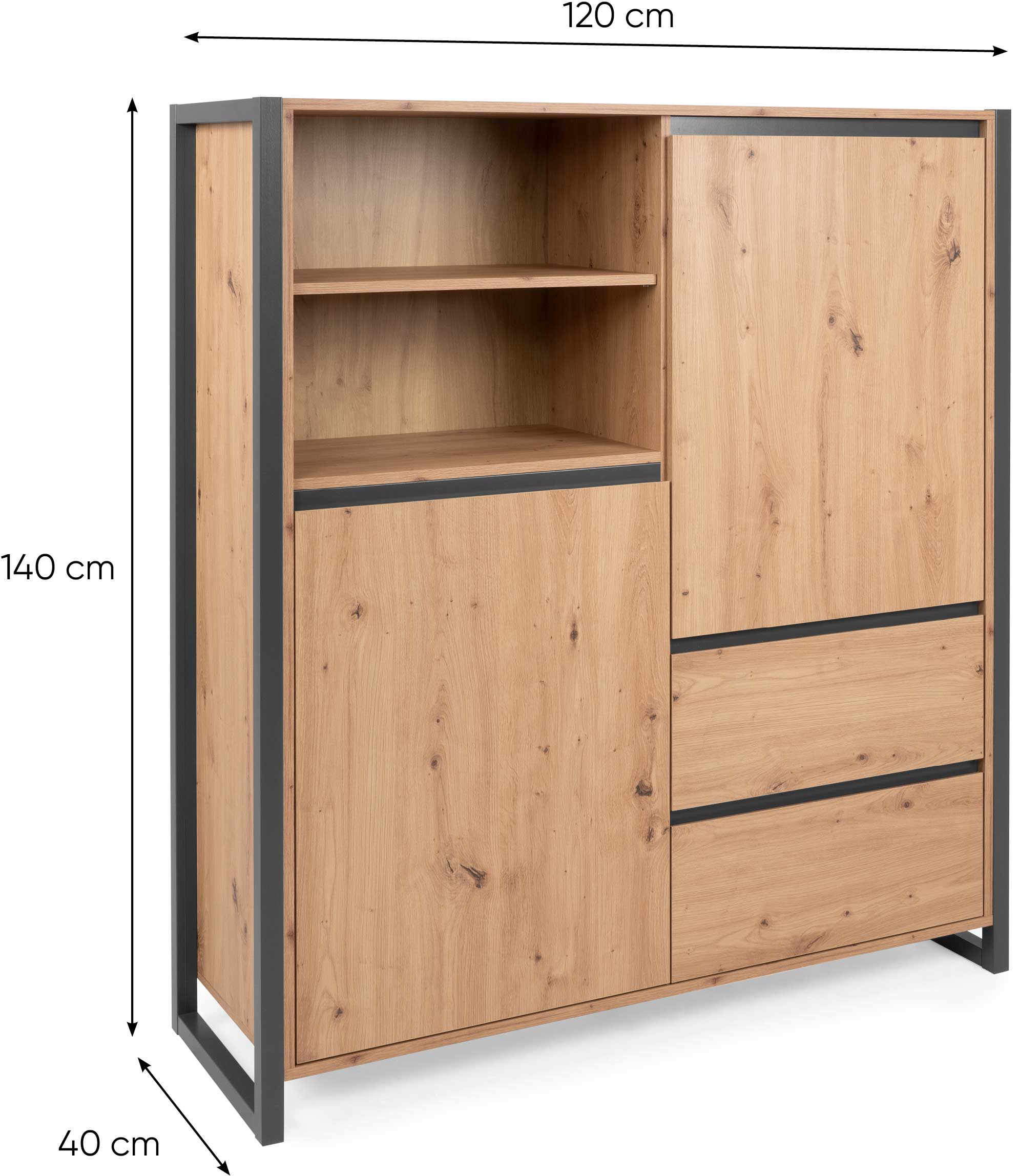 Bahut Damon haut 120cm 2 portes - chêne/anthracite - Image 3