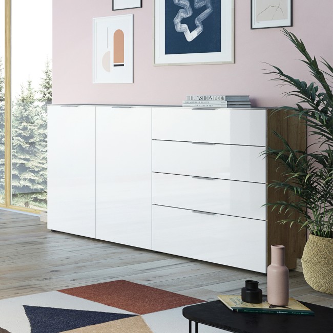 Bahut Dudek 184cm avec 2 portes & 4 tiroirs - blanc/chêne