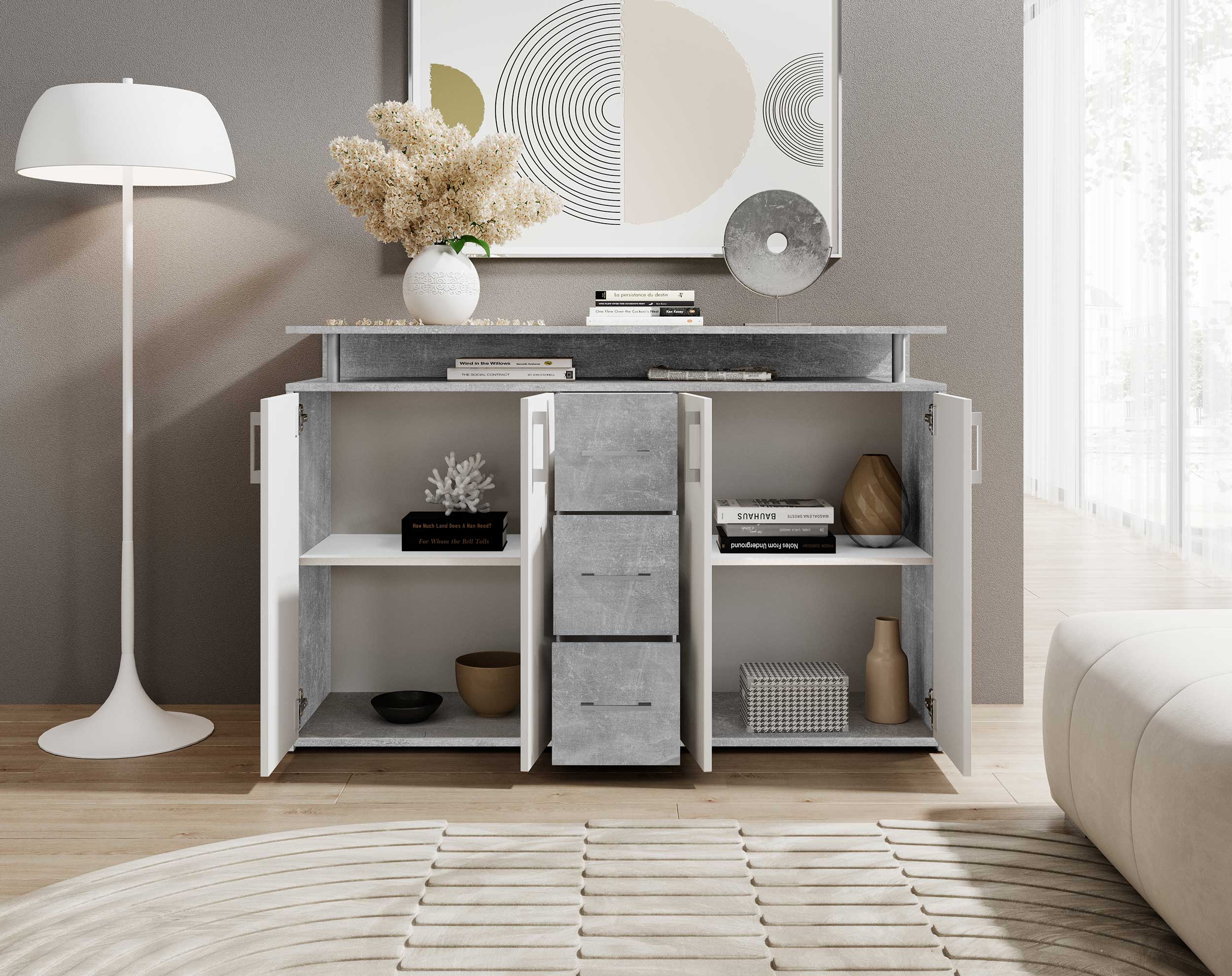 Bahut Flotar 4 portes 3 tiroirs - blanc/béton - Image 8