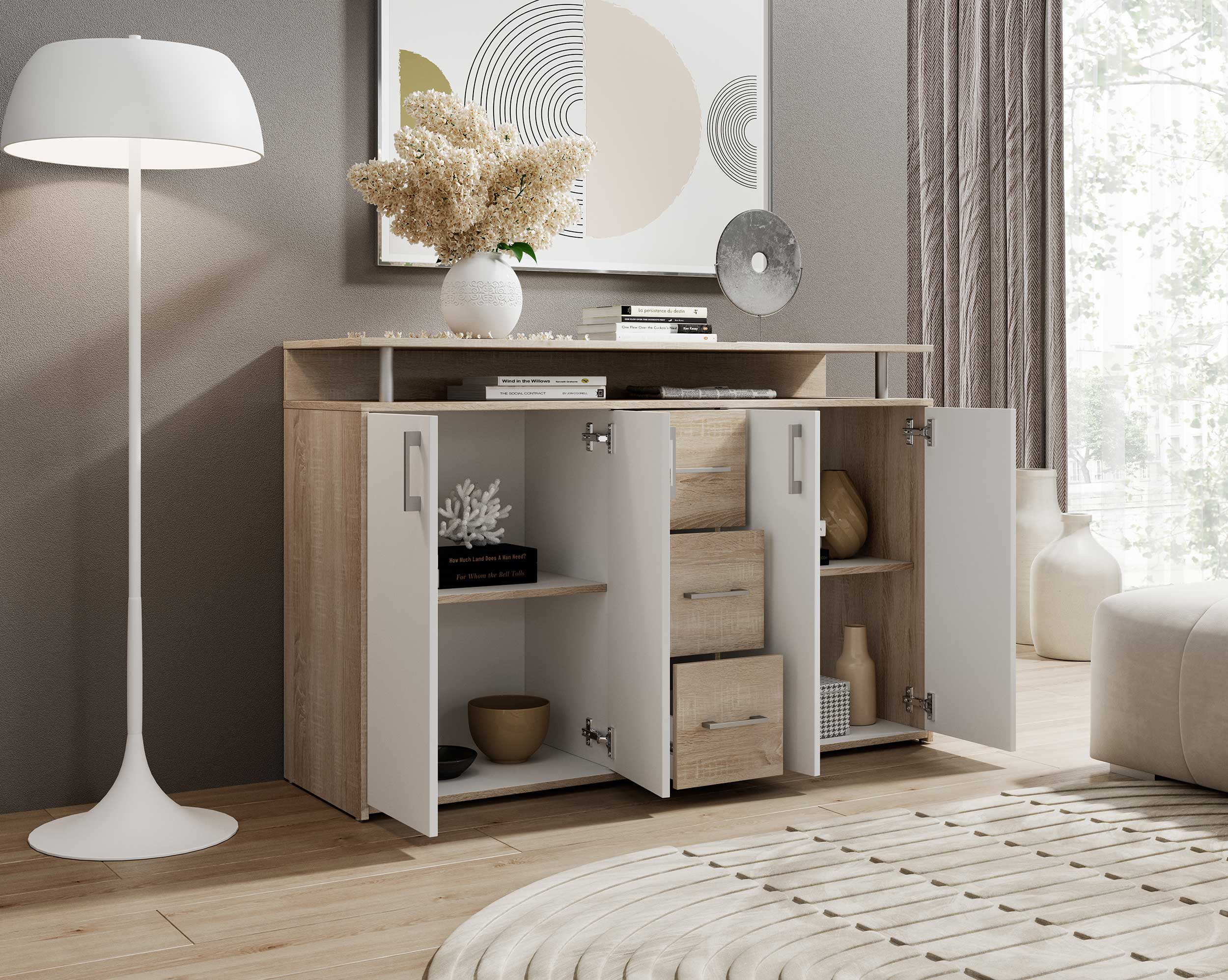 Bahut Flotar 4 portes 3 tiroirs - blanc/chêne - Image 5