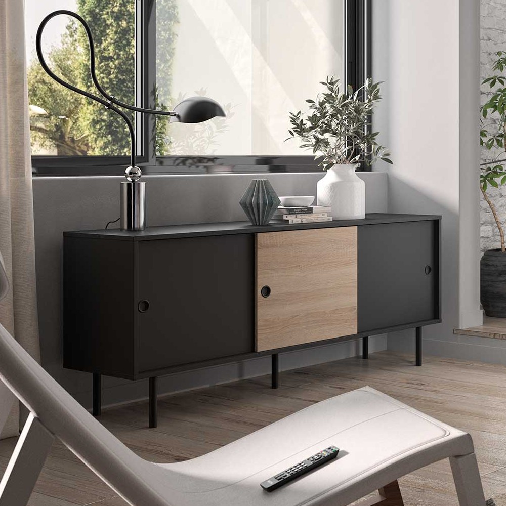 Bahut Poss 148cm à 3 portes - noir/chêne