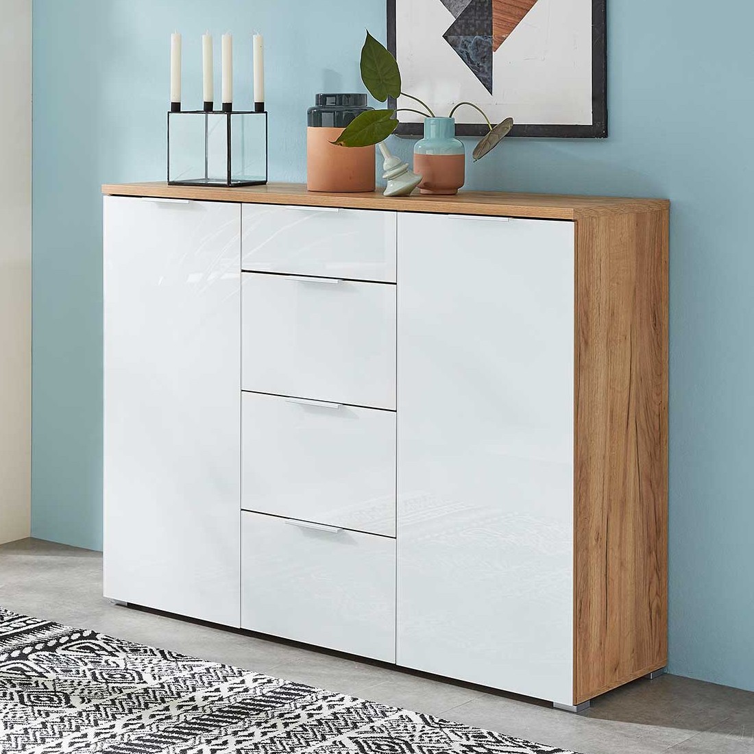 Bahut Tille 134cm avec 2 portes & 4 tiroirs - blanc/chêne - Image 1