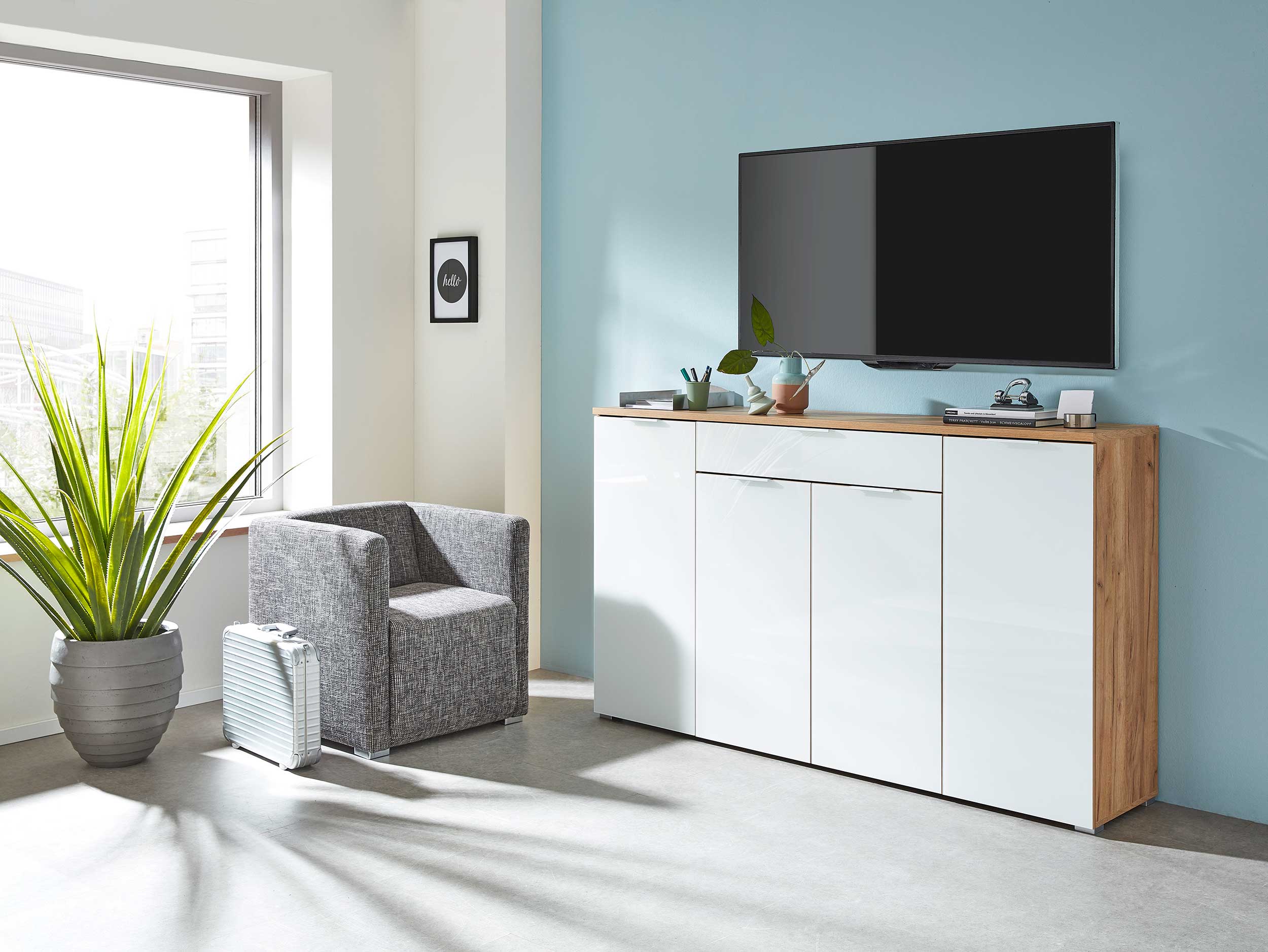 Bahut Tille 179 cm avec 4 portes & 1 tiroir - blanc/chêne - Image 3