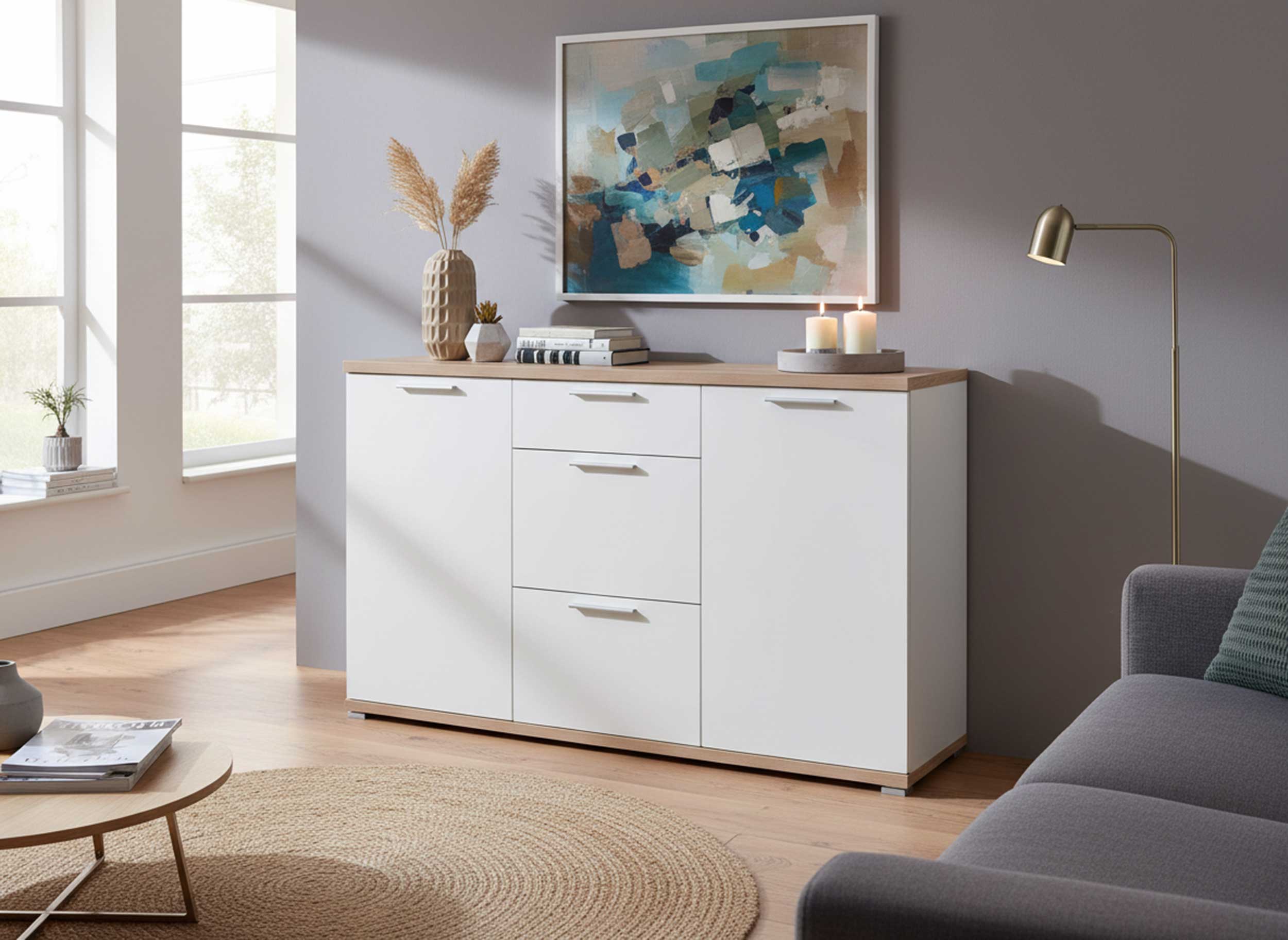 Bahut Tosun 144cm avec 2 portes & 3 tiroirs - blanc/chêne - Image 4