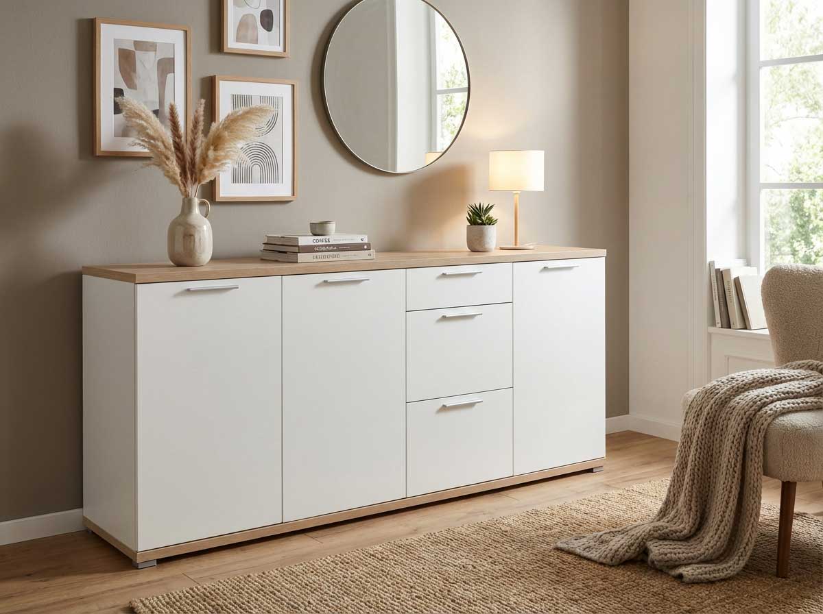 Bahut Tosun 192cm avec 3 portes & 3 tiroirs - blanc/chêne - Image 5