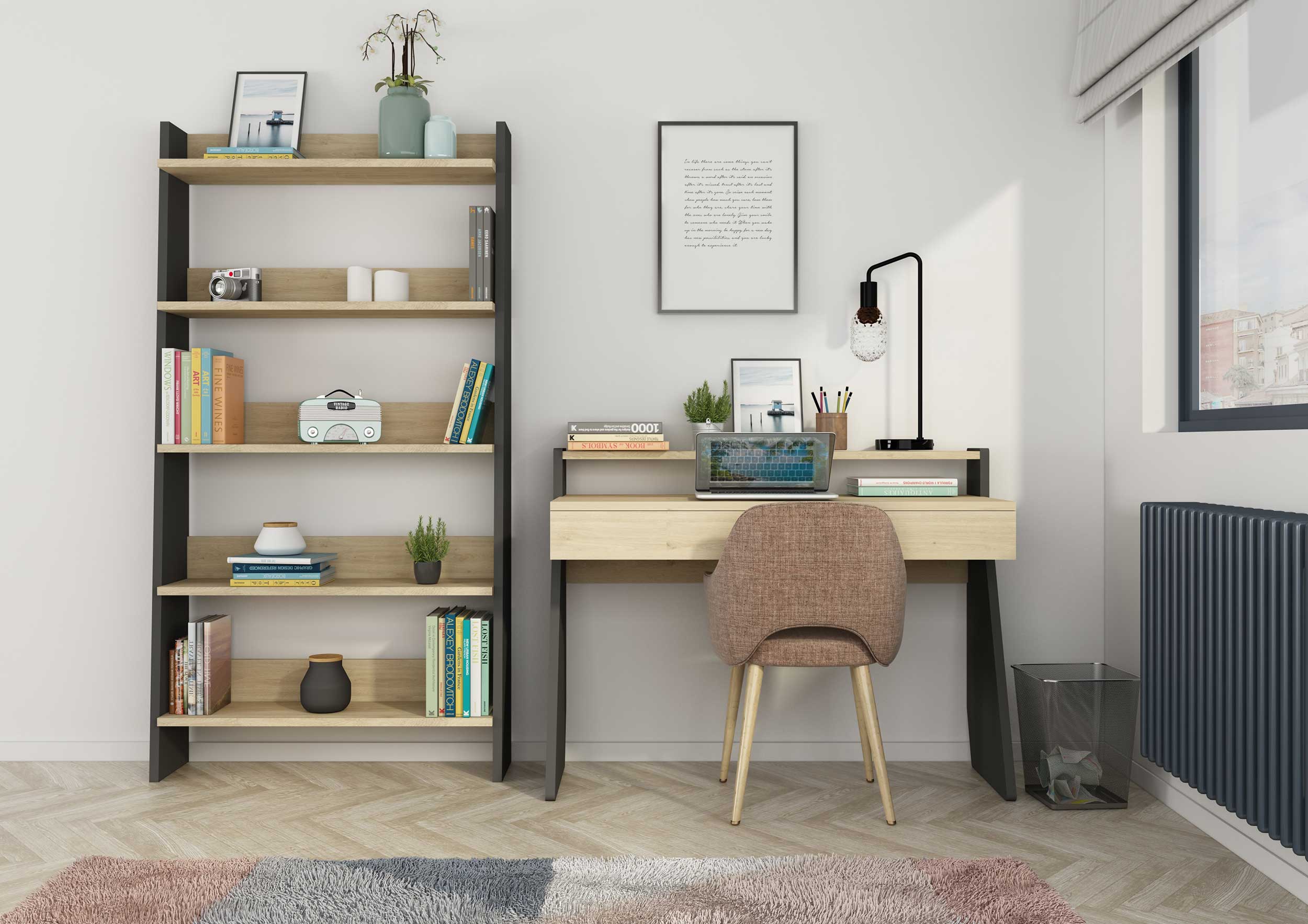 Bibliothèque Quinty 95cm 5 étagères - gris/ décor en chêne - Image 5