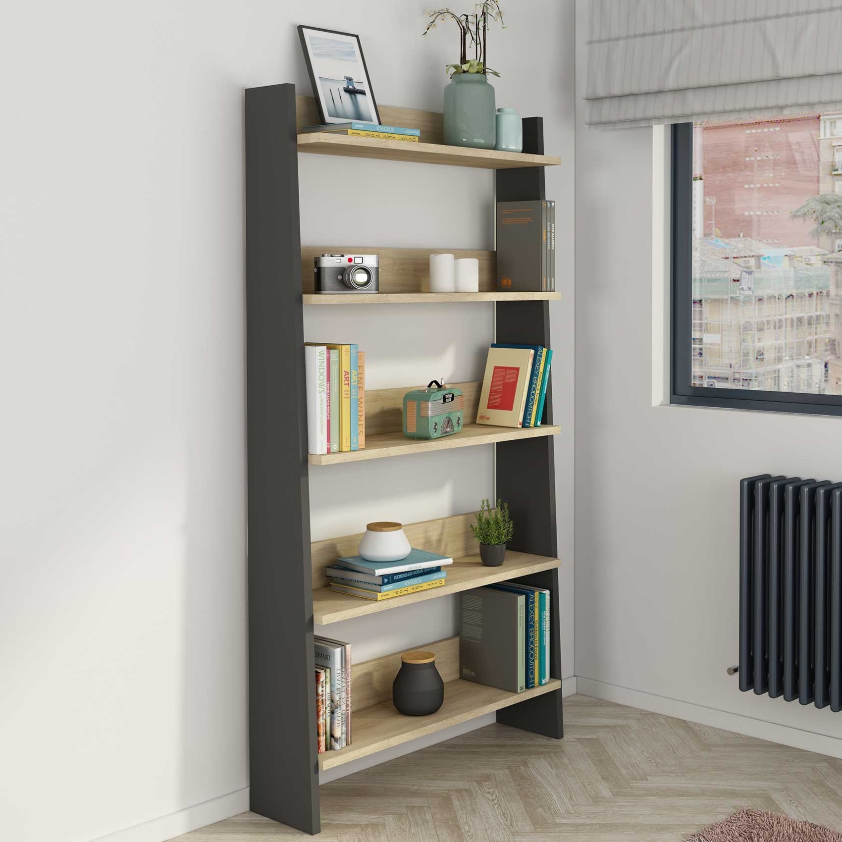 Bibliothèque Quinty 95cm 5 étagères - gris/ décor en chêne