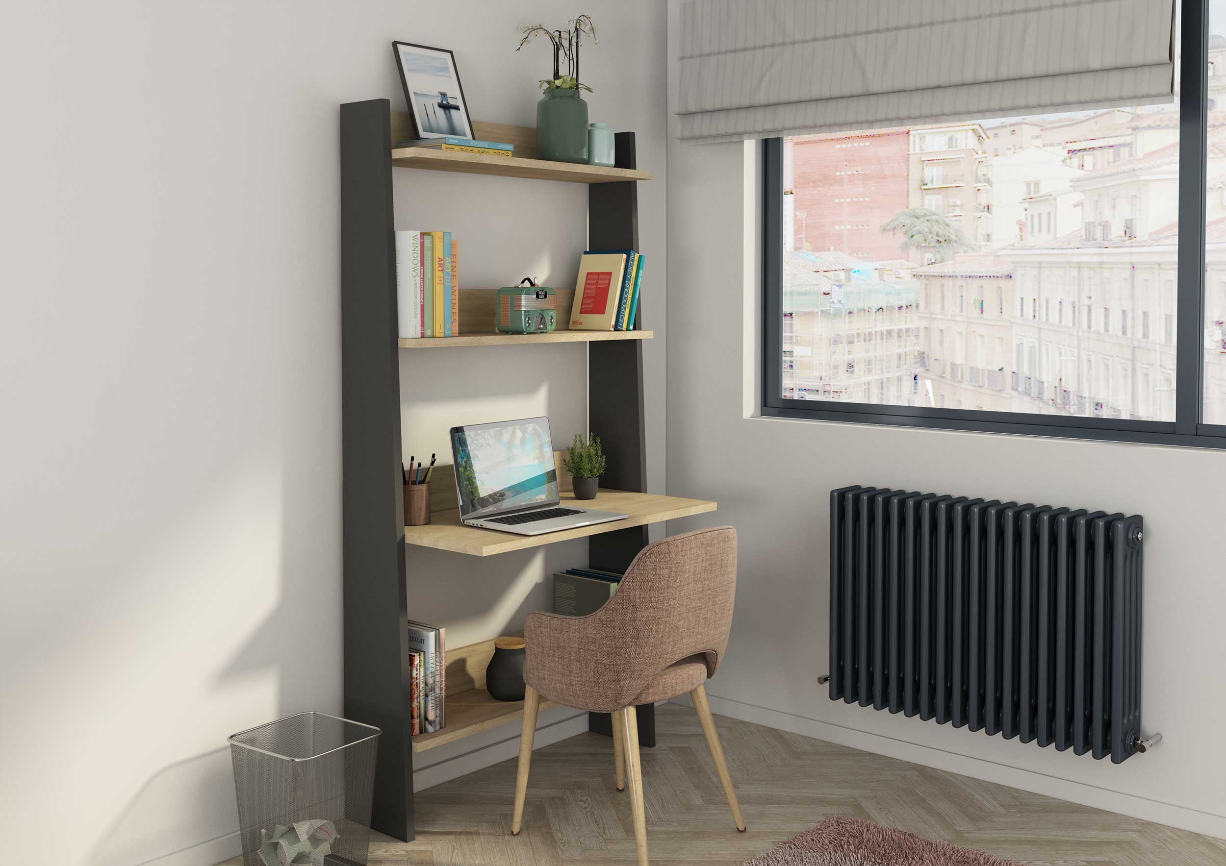 Bibliothèque Quinty avec table pour ordinateur 95cm 3 ètagères - décor en chêne/ gris - Image 4