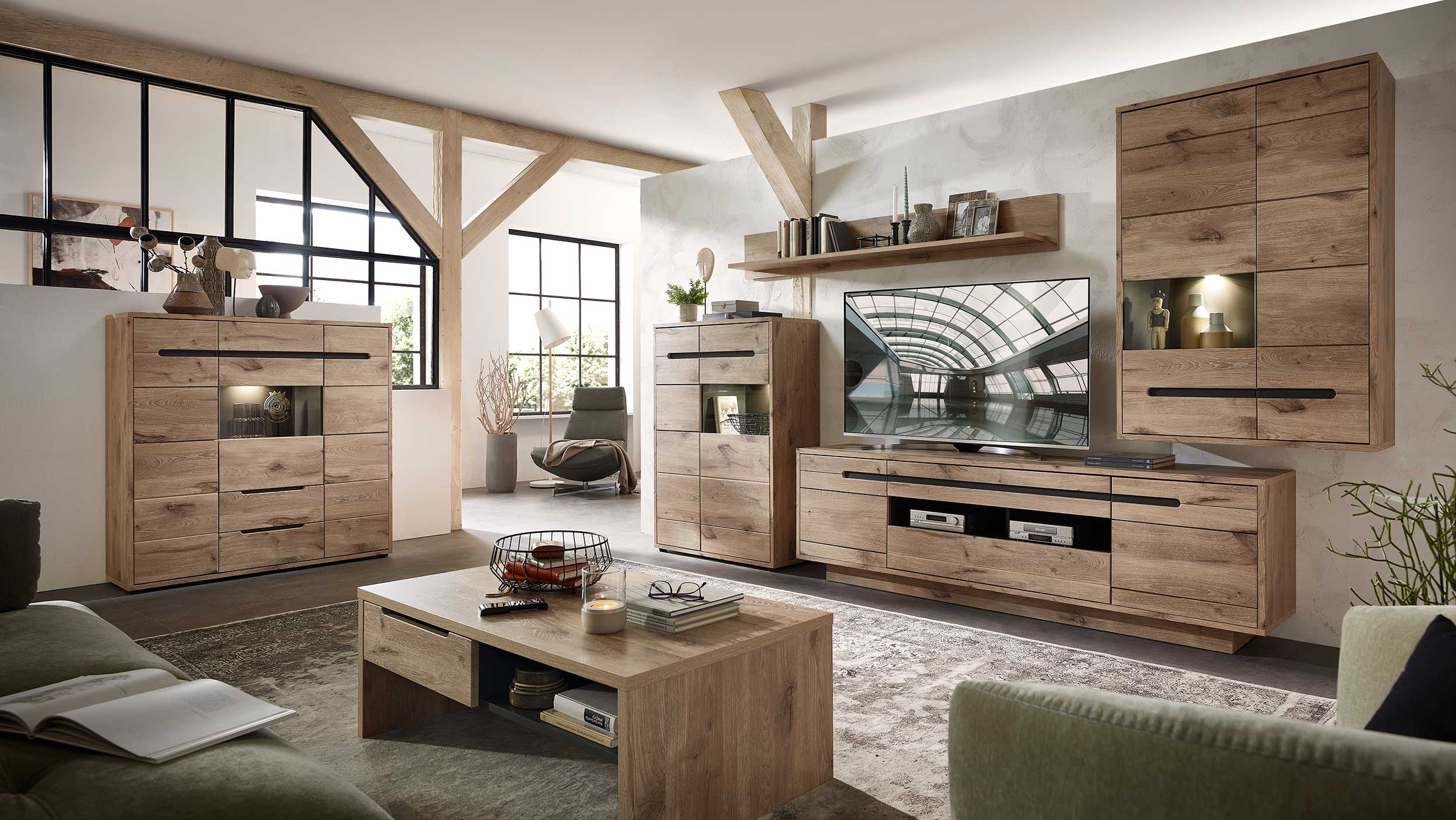 Buffet Bellini 125cm 3 portes & 2 tiroirs - chêne/anthracite - Image 4