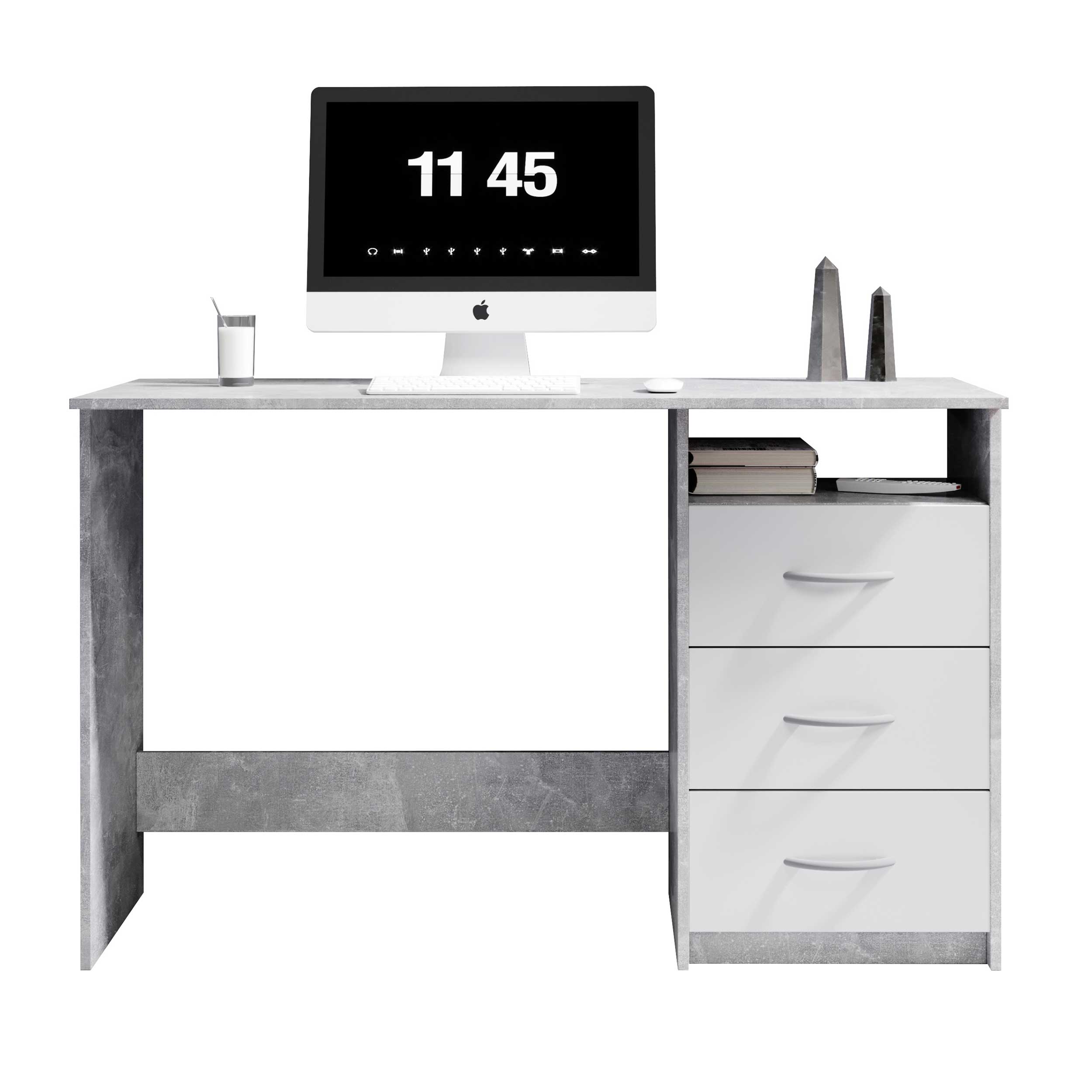 Bureau Adriano 123cm 3 tiroirs - béton/blanc - Image 2
