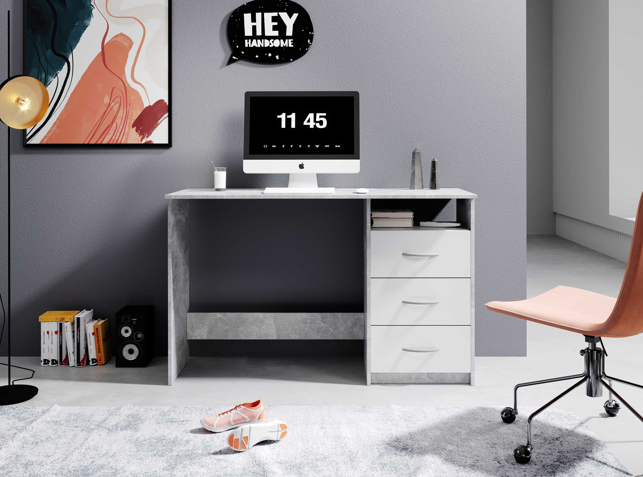 Bureau Adriano 123cm 3 tiroirs - béton/blanc - Image 11