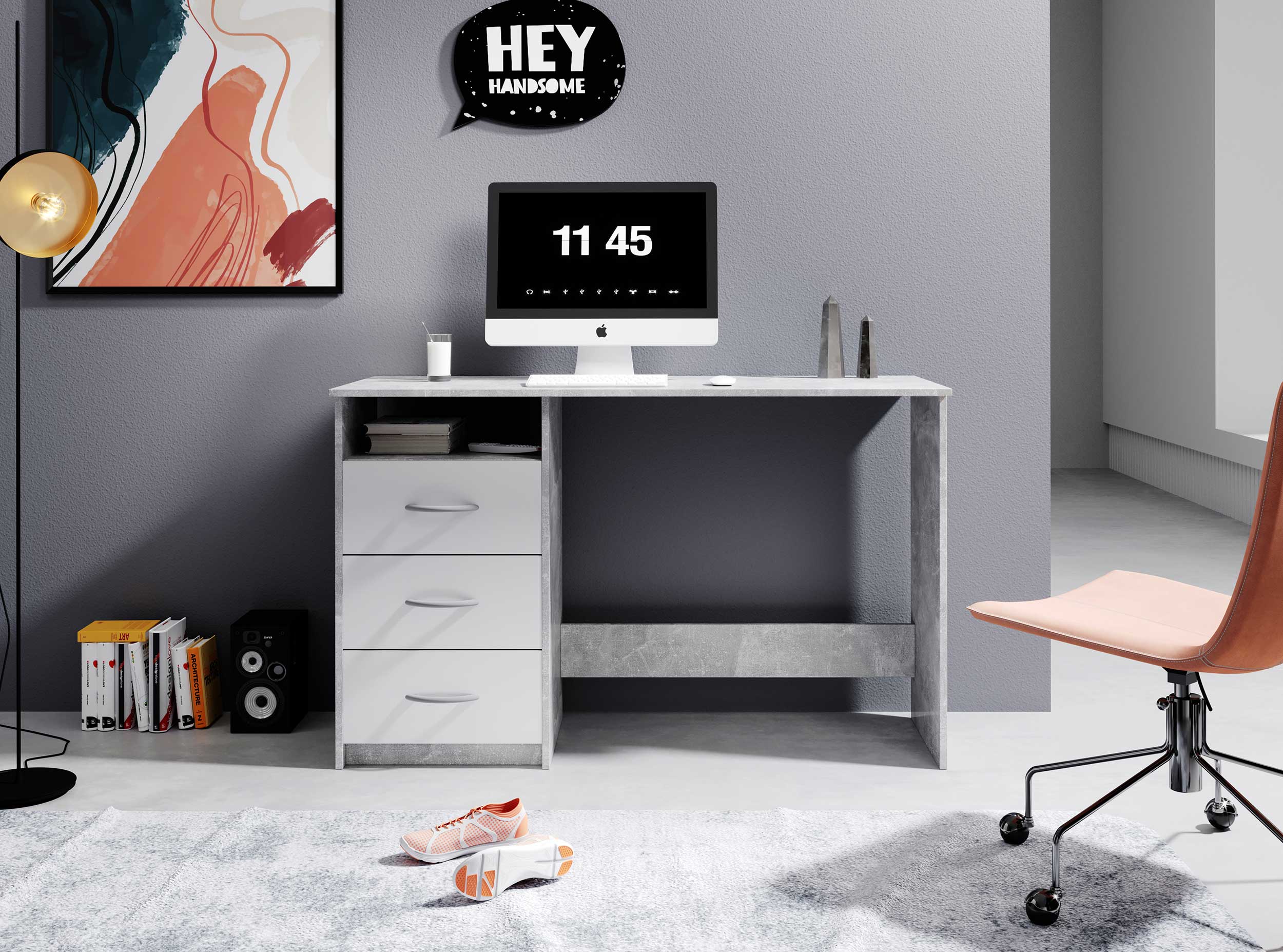 Bureau Adriano 123cm 3 tiroirs - béton/blanc - Image 12