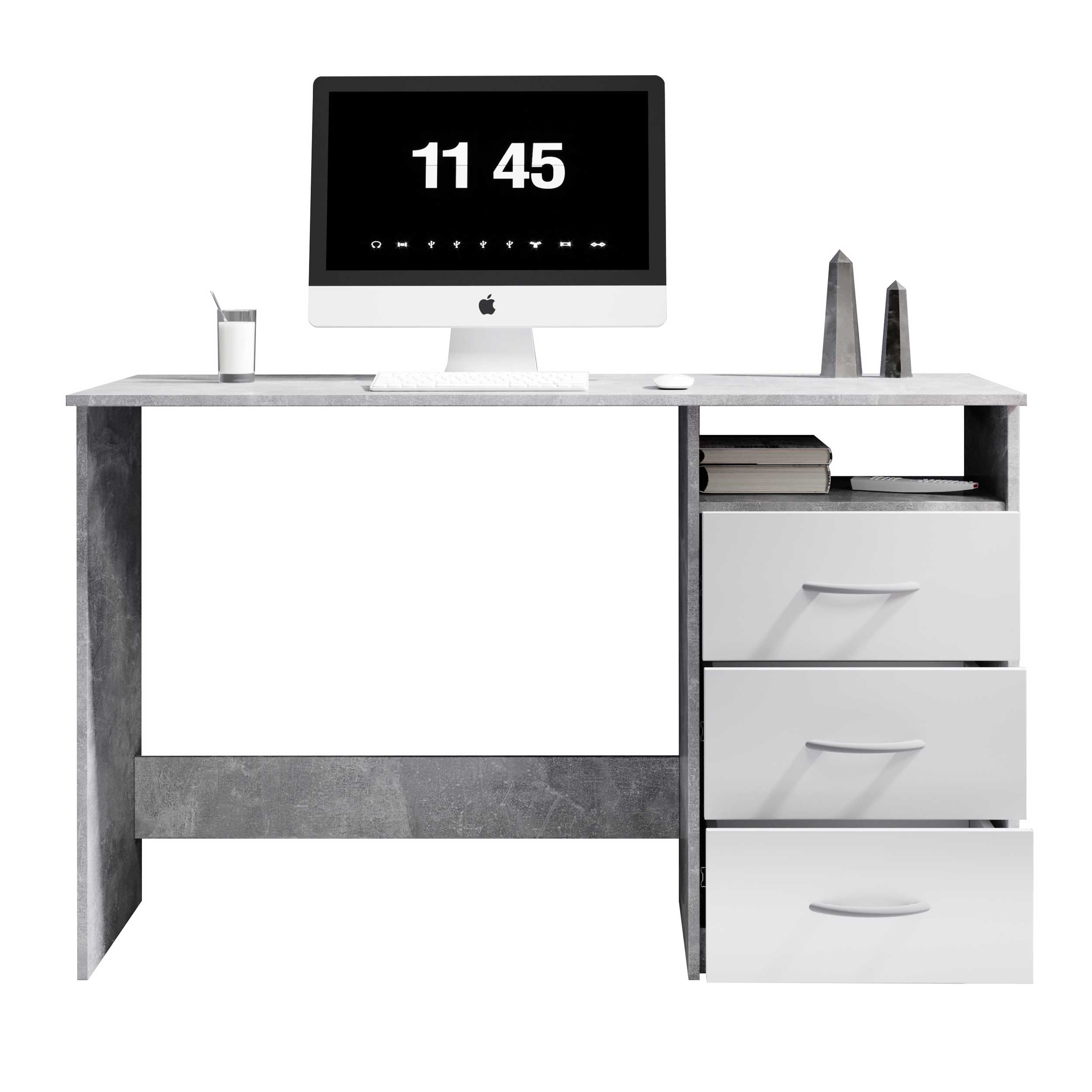 Bureau Adriano 123cm 3 tiroirs - béton/blanc - Image 3