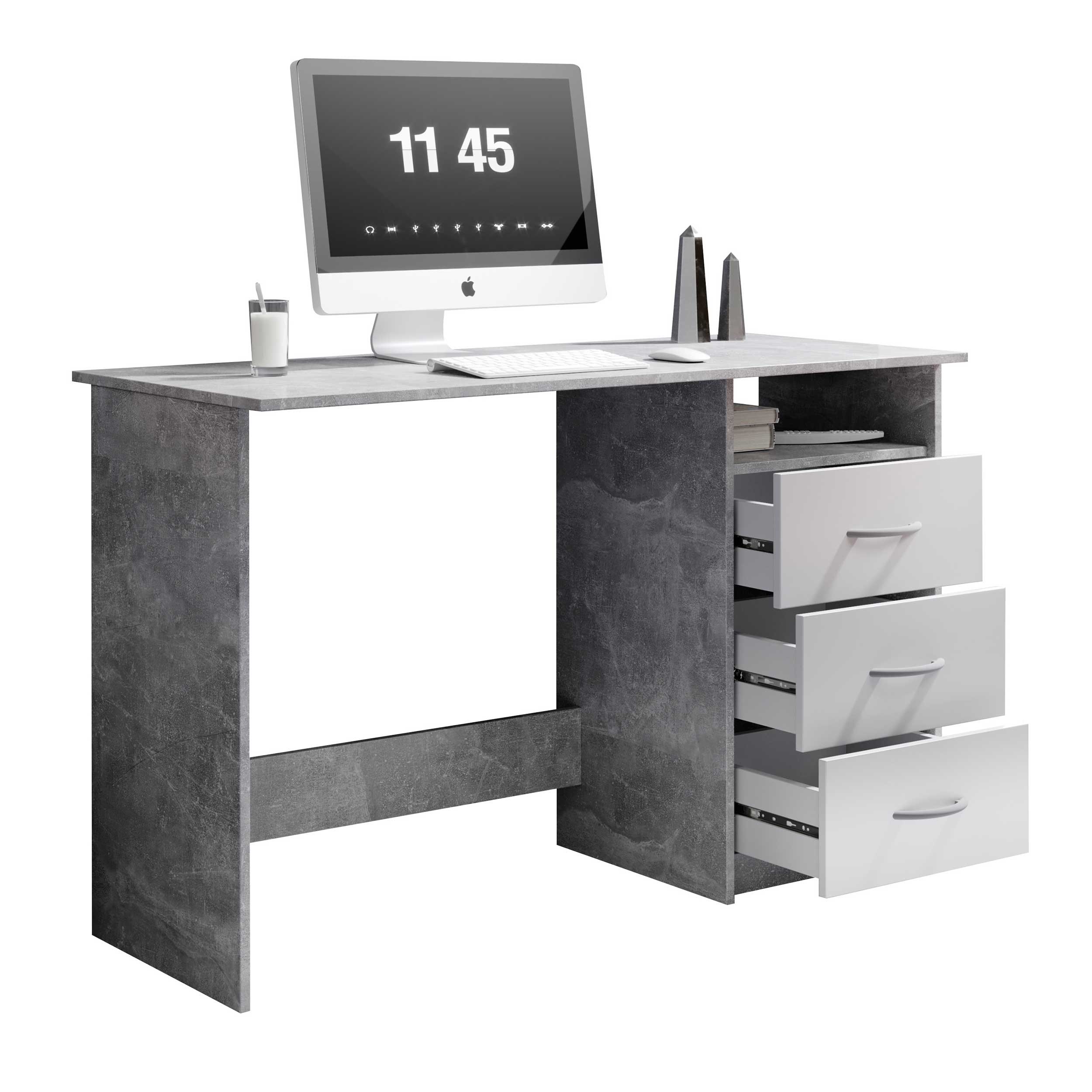 Bureau Adriano 123cm 3 tiroirs - béton/blanc - Image 6
