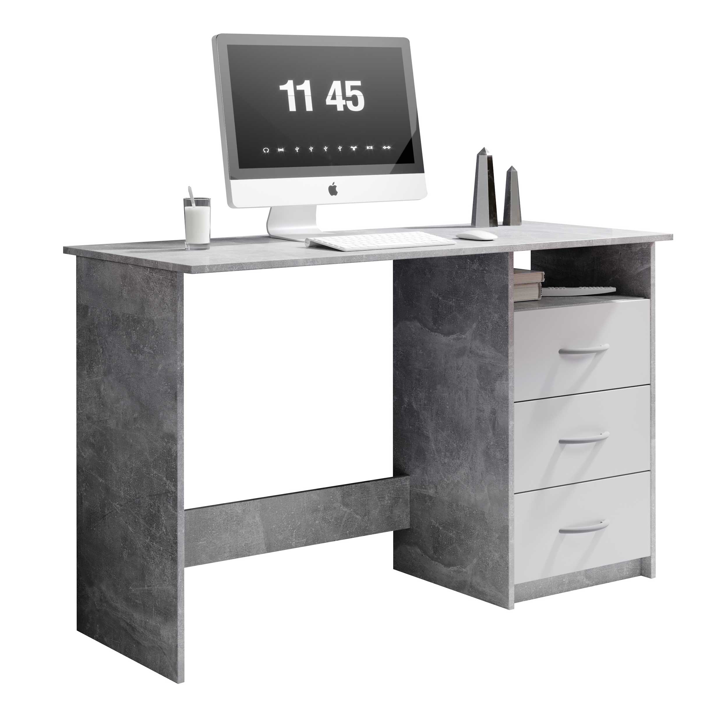 Bureau Adriano 123cm 3 tiroirs - béton/blanc - Image 7