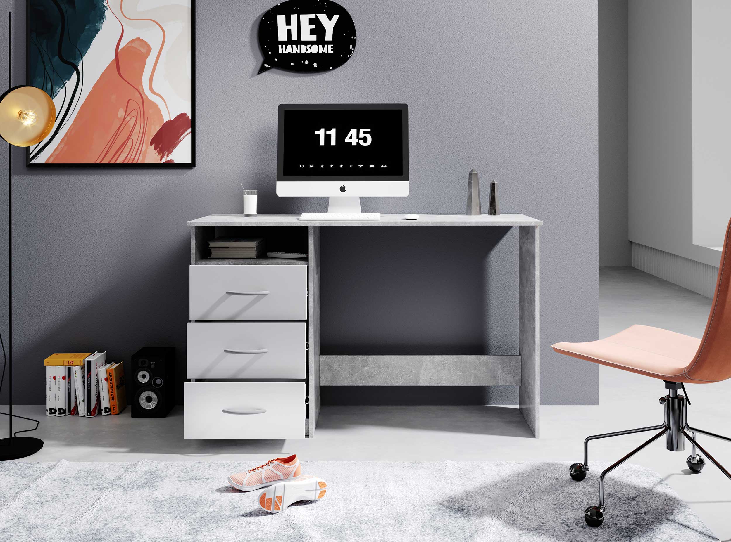 Bureau Adriano 123cm 3 tiroirs - béton/blanc - Image 10