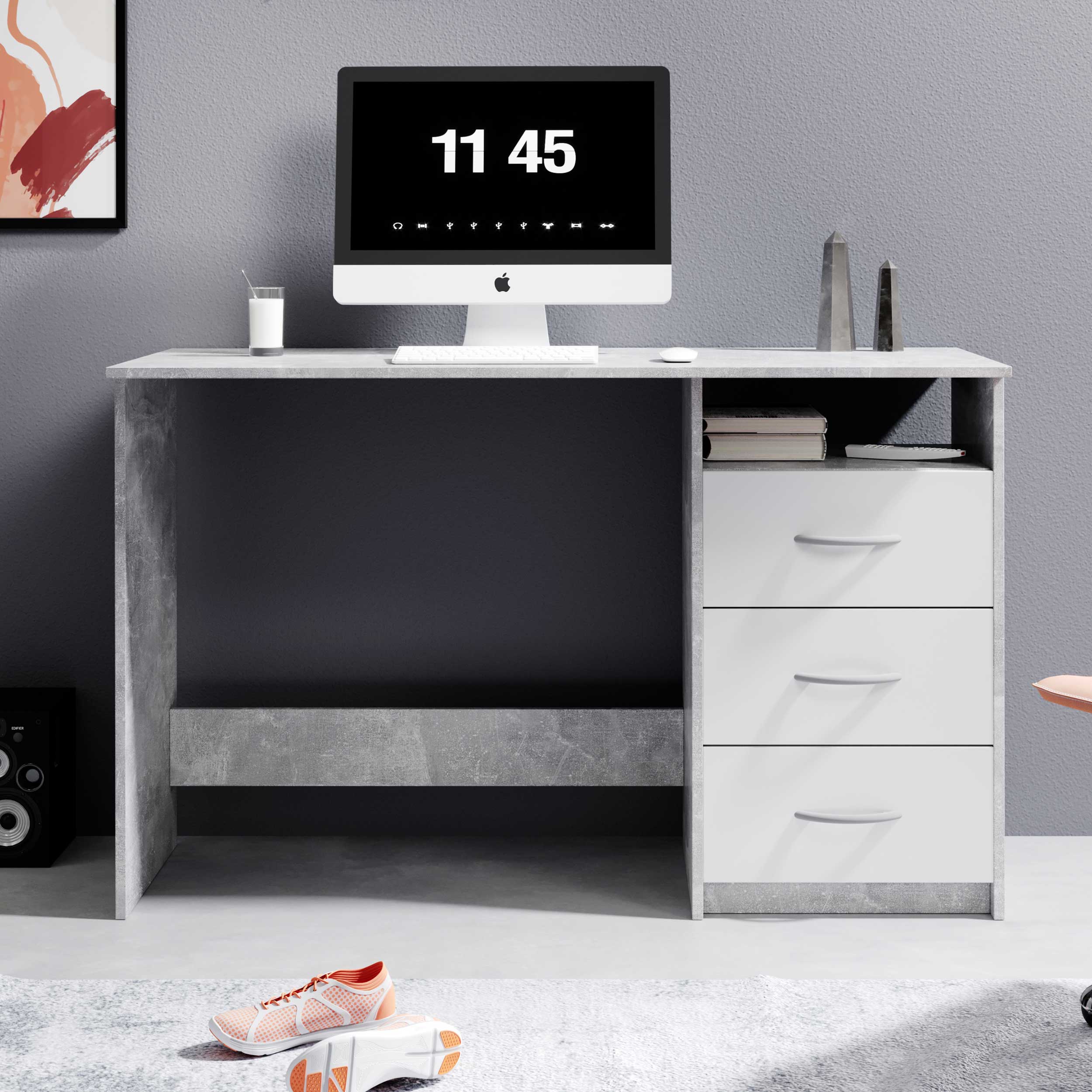 Bureau Adriano 123cm 3 tiroirs - béton/blanc - Image 1