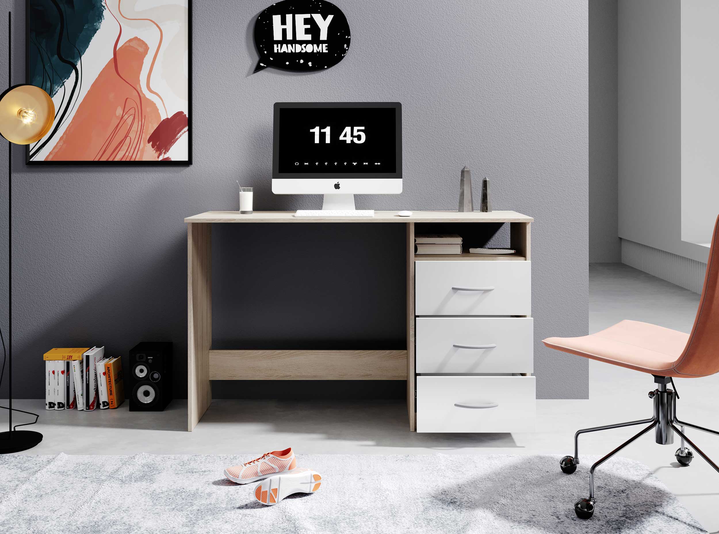 Bureau Adriano 123cm 3 tiroirs - chêne/blanc - Image 12