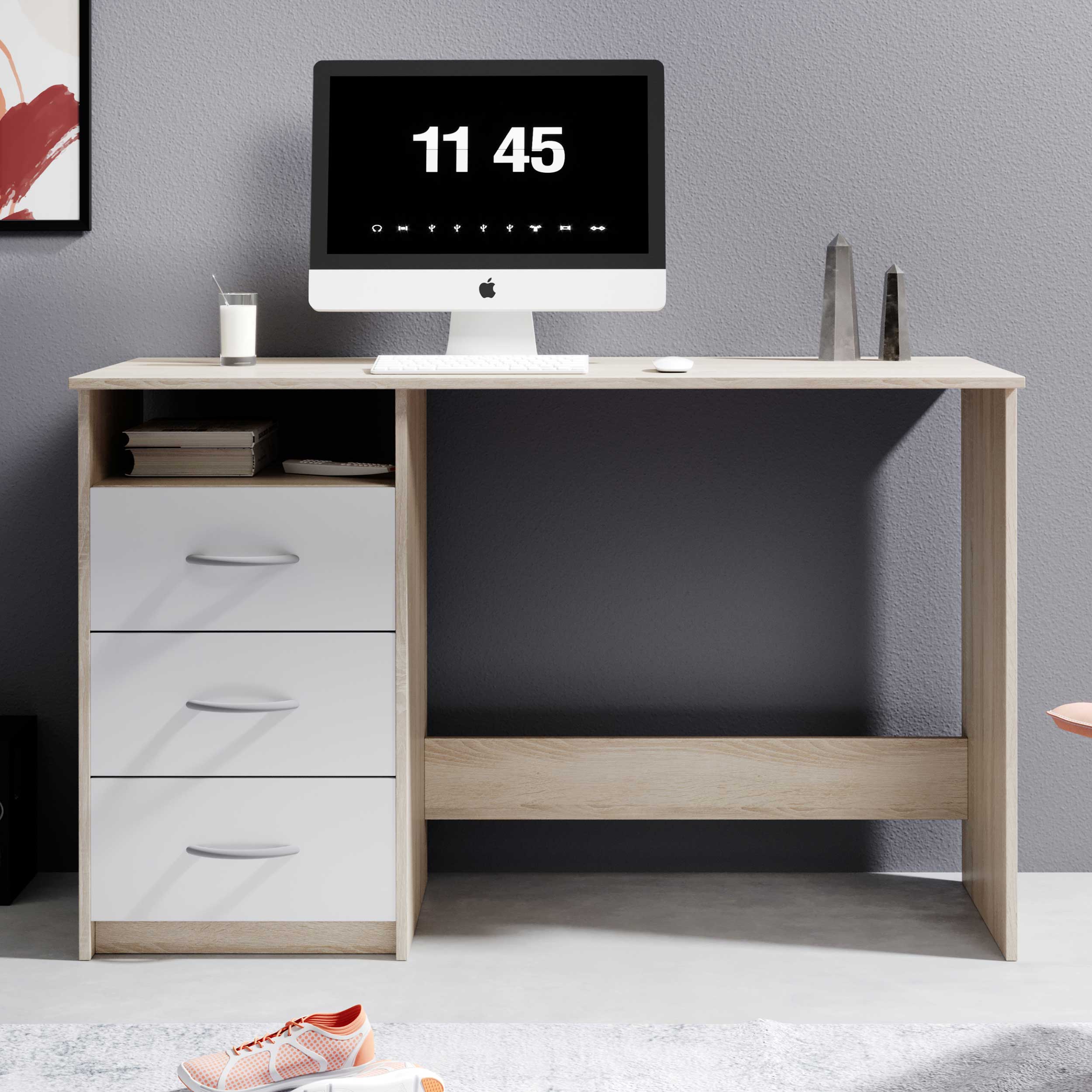 Bureau Adriano 123cm 3 tiroirs - chêne/blanc - Image 1