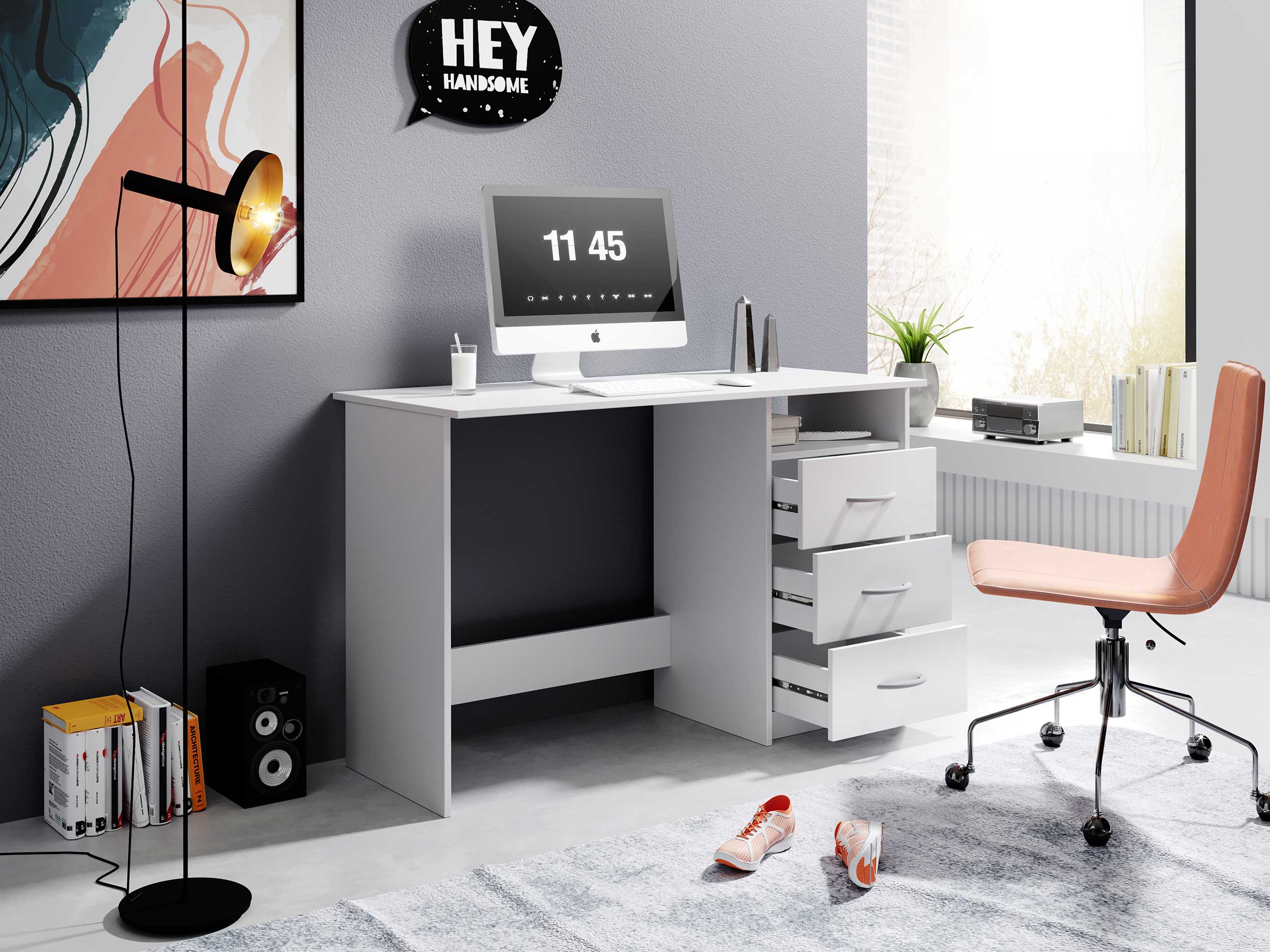 Bureau Adriano 123cm avec 3 tiroirs - blanc - Image 7