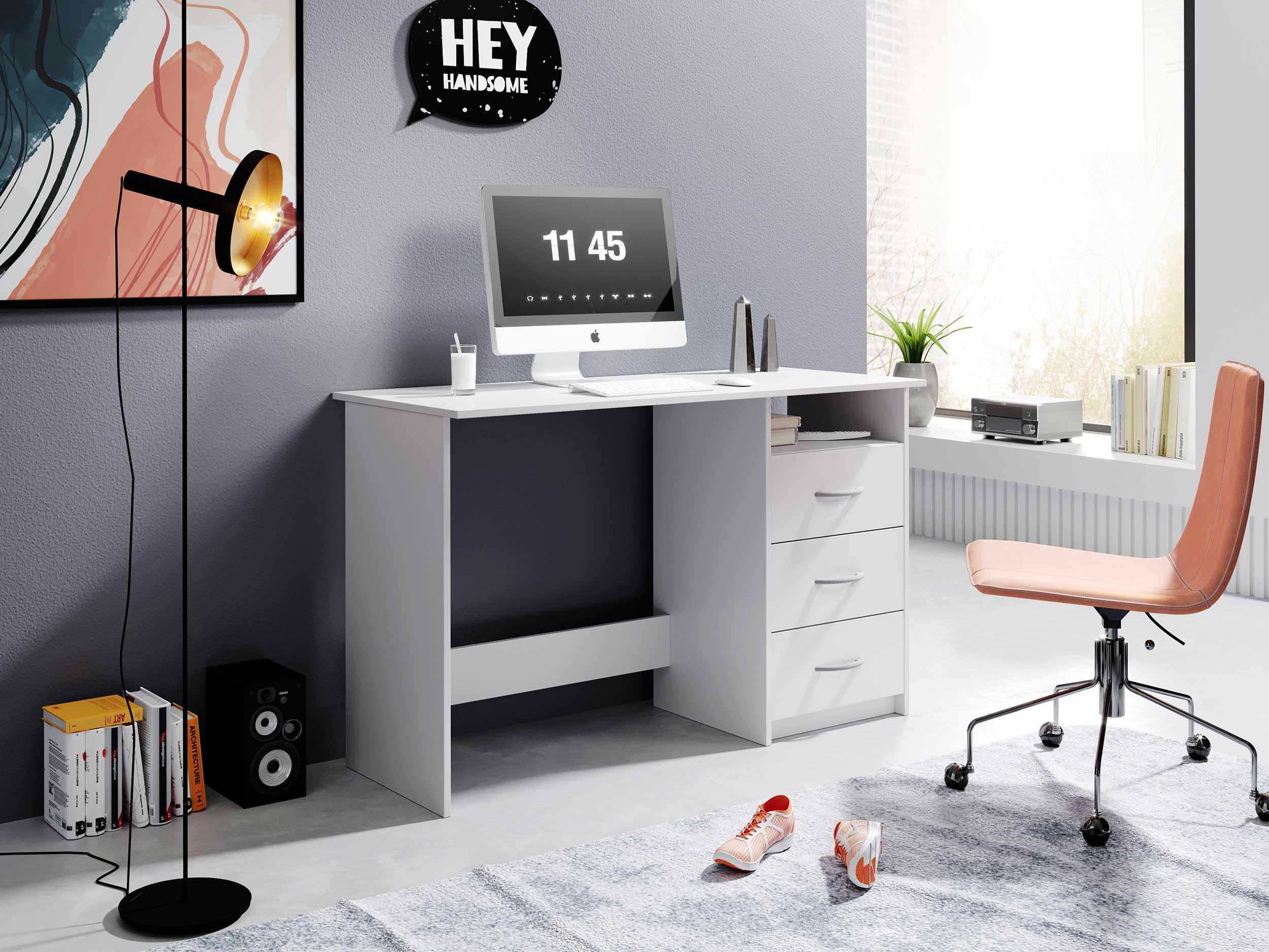 Bureau Adriano 123cm avec 3 tiroirs - blanc - Image 9