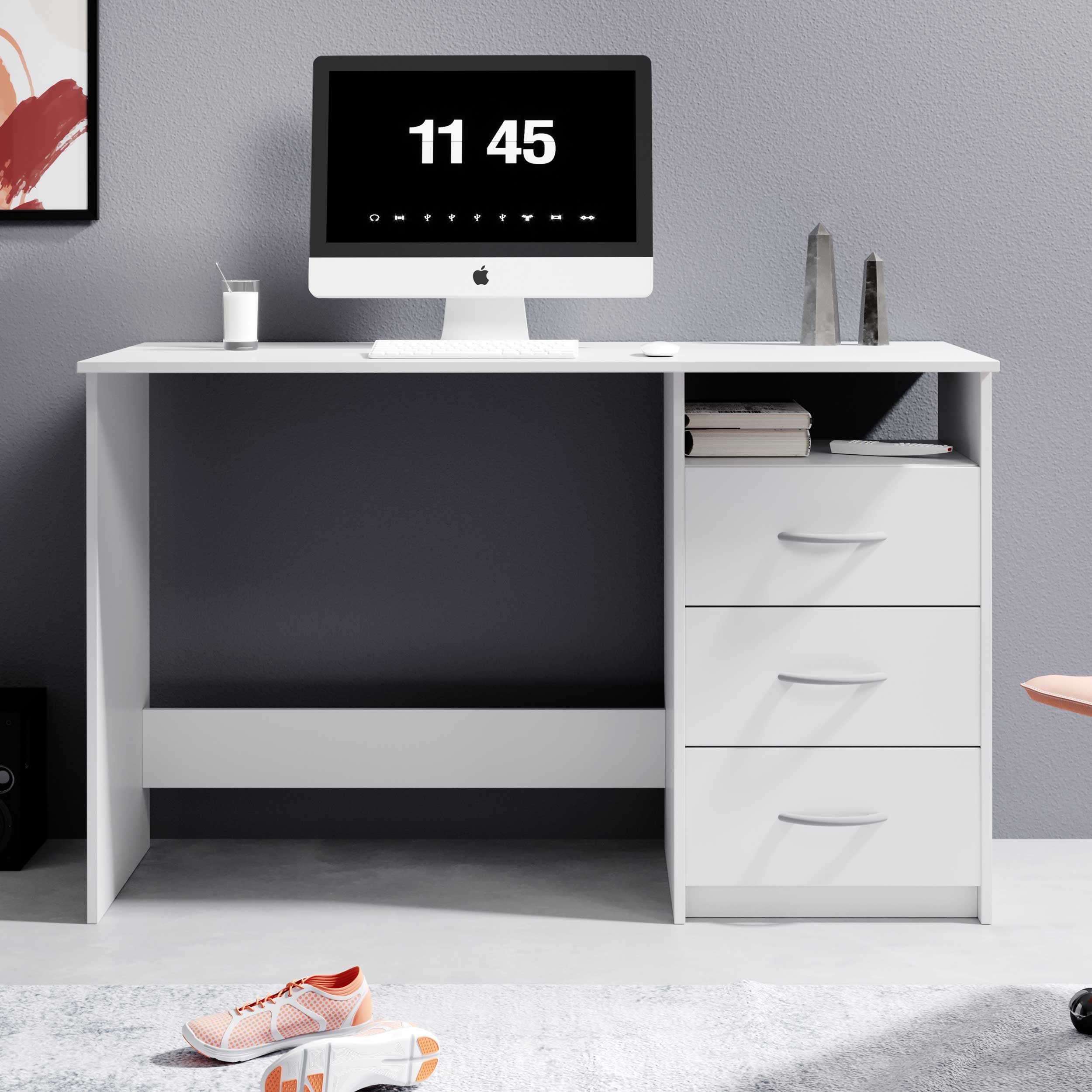Bureau Adriano 123cm avec 3 tiroirs - blanc