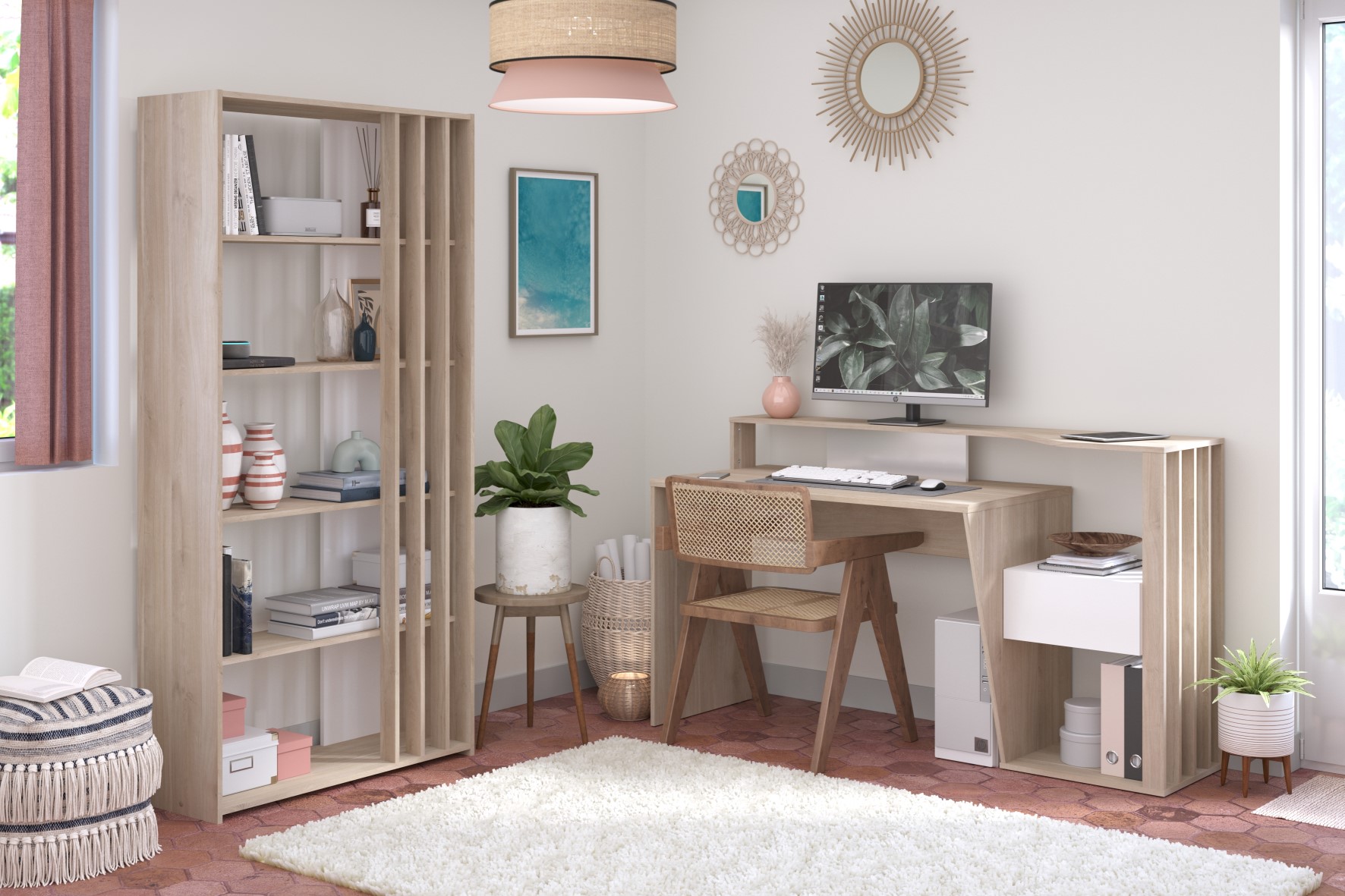 Bureau Bloom-157cm-1 tiroir, 1 compartiment ouvert-blanc/chêne - Image 2