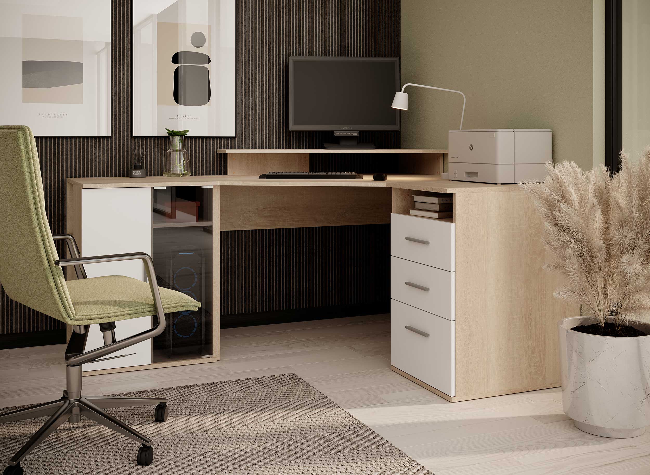 Bureau d'angle Efford avec espace de rangement - chêne/blanc - Image 11