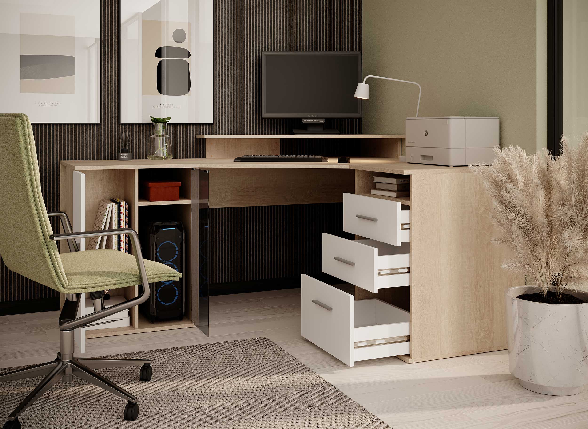 Bureau d'angle Efford avec espace de rangement - chêne/blanc - Image 7