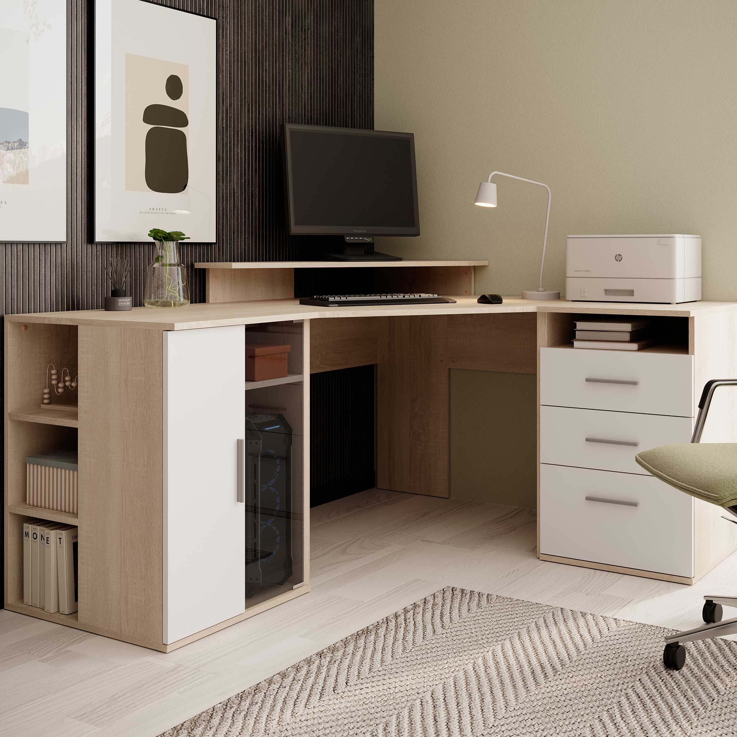 Bureau d'angle Efford avec espace de rangement - chêne/blanc - Image 9