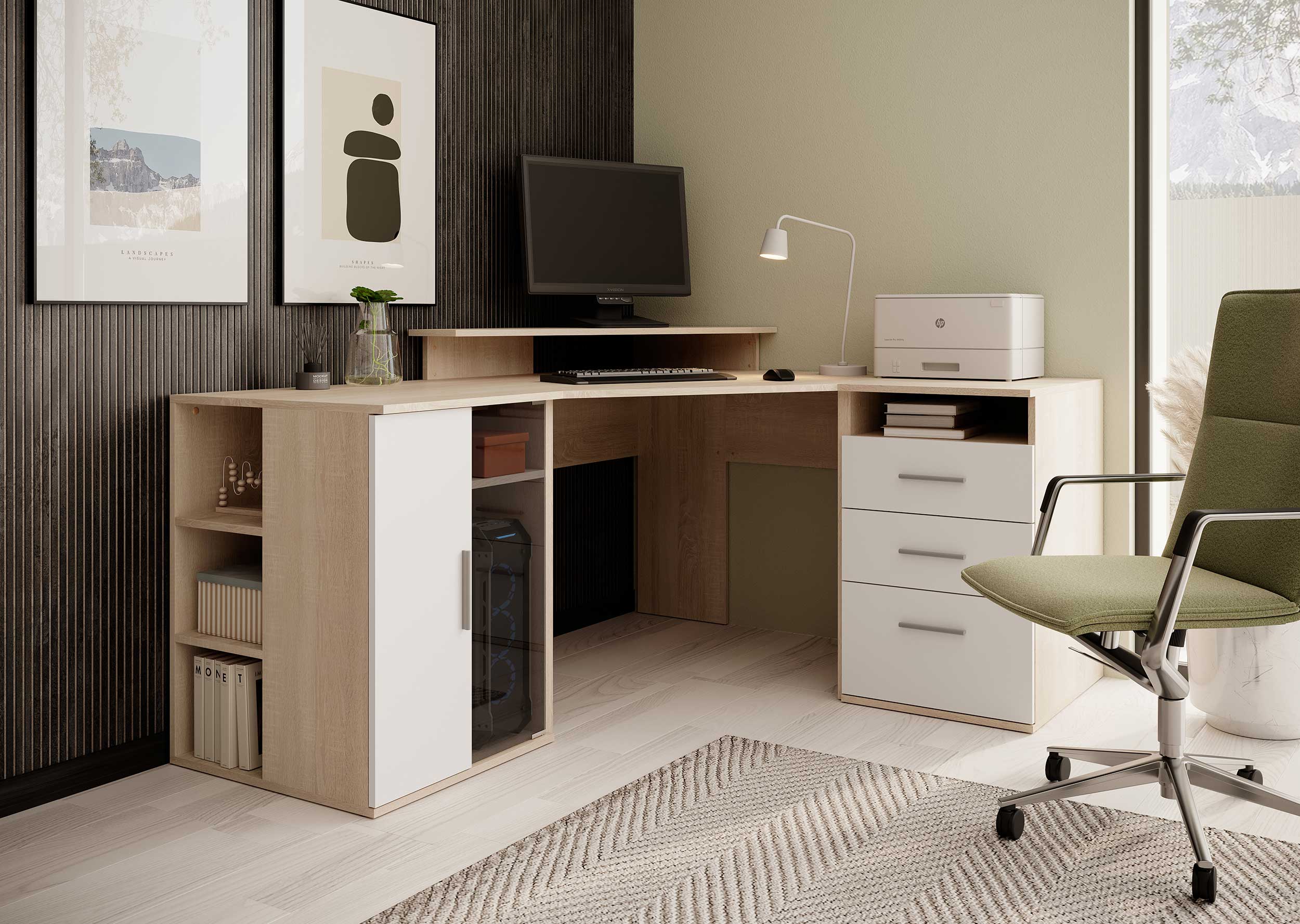 Bureau d'angle Efford avec espace de rangement - chêne/blanc - Image 10