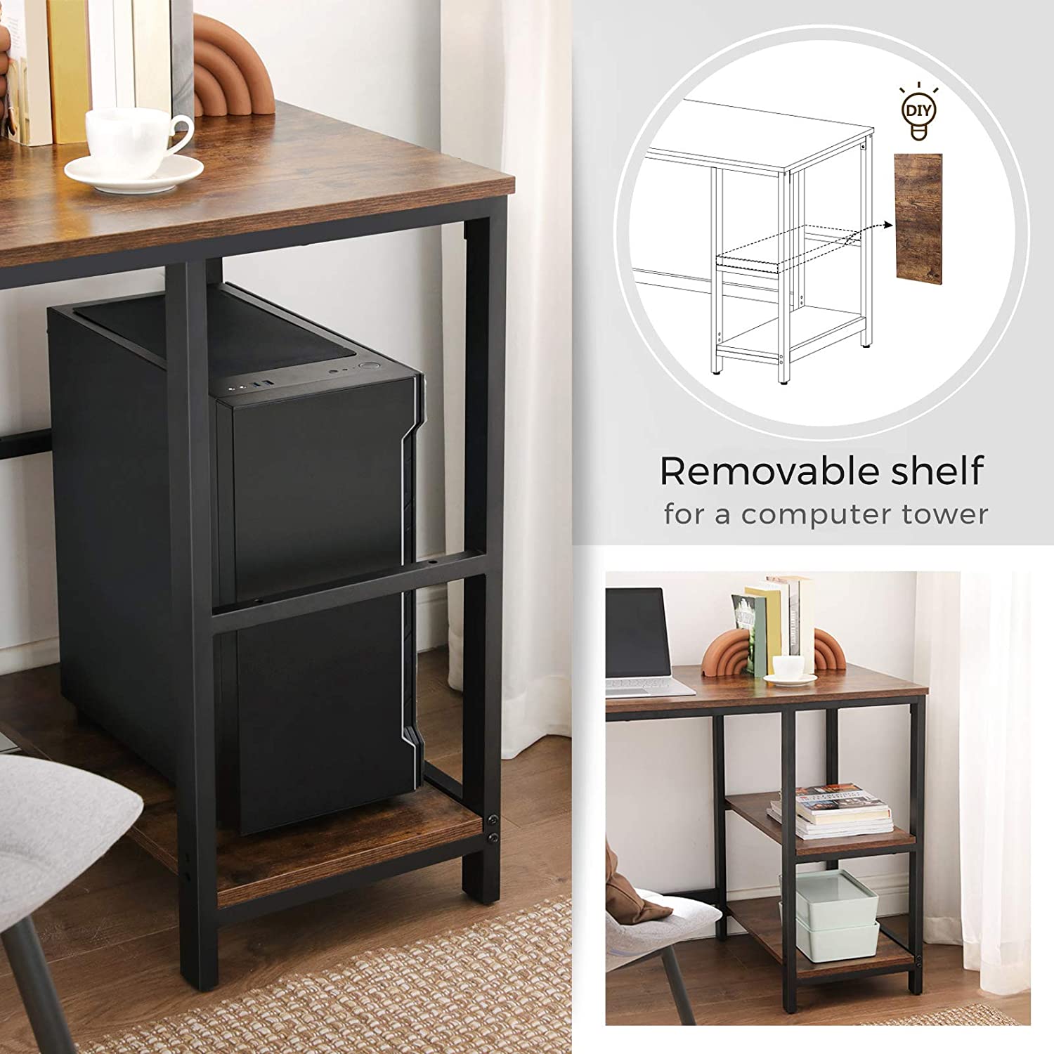 Bureau d'angle Fabrice 138cm 2 tablettes - brun rustique/noir - Image 4