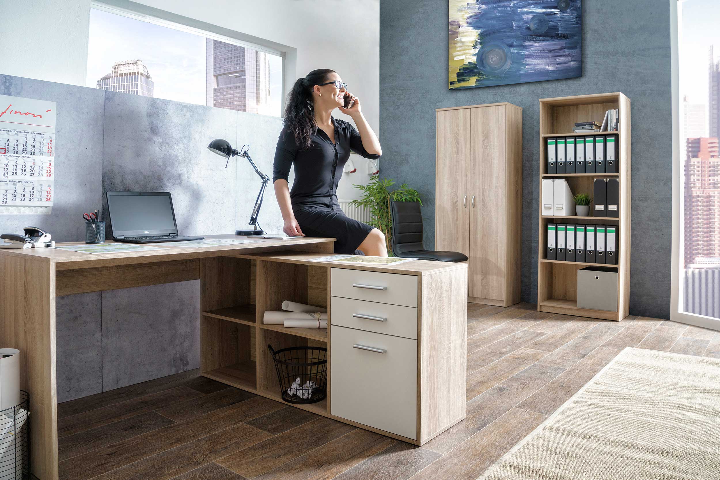 Bureau d'angle Lanzini 2 tiroirs & 1 porte - chêne sonoma/blanc - Image 8