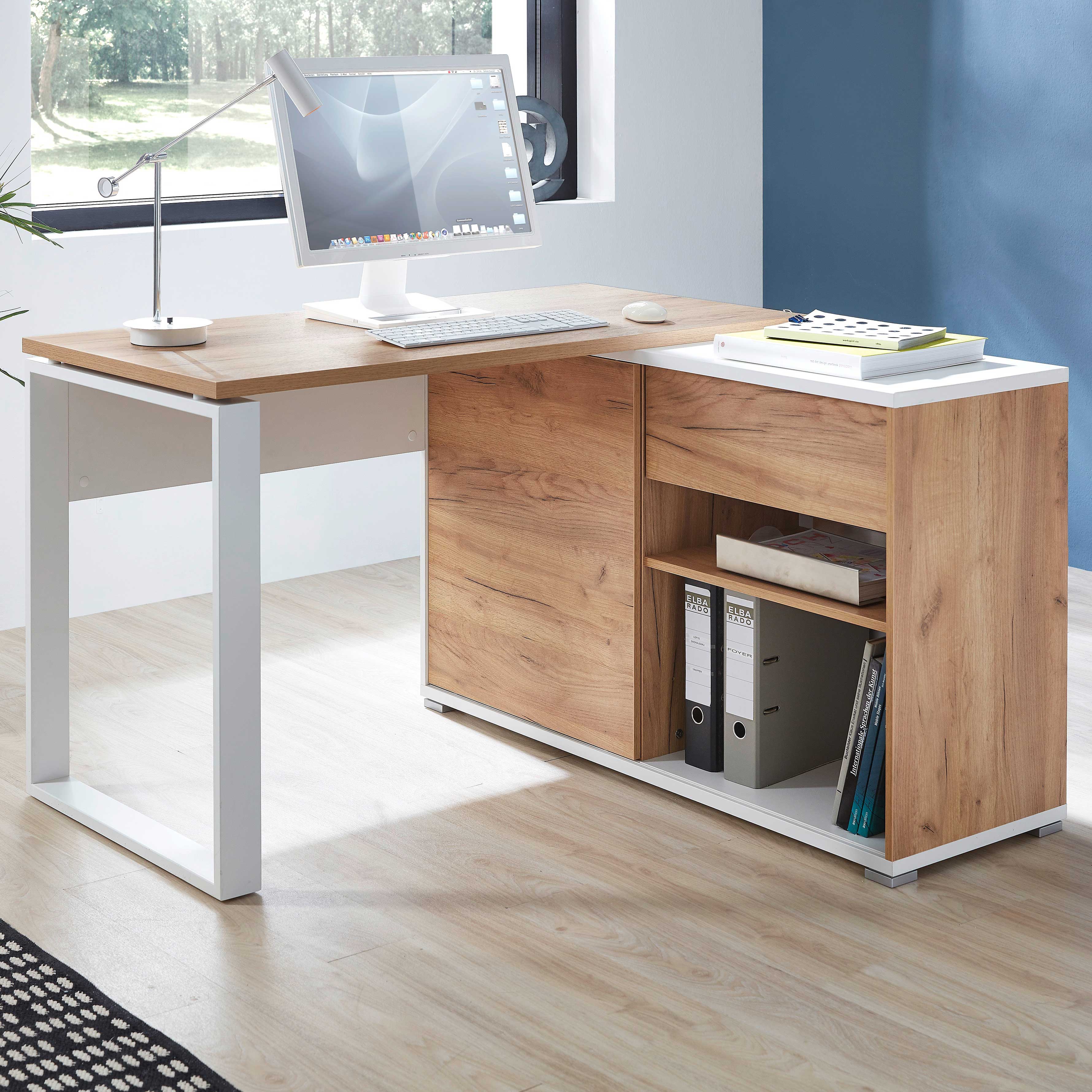 Bureau d'angle Lloris 117x120cm - blanc/chêne - Image 1