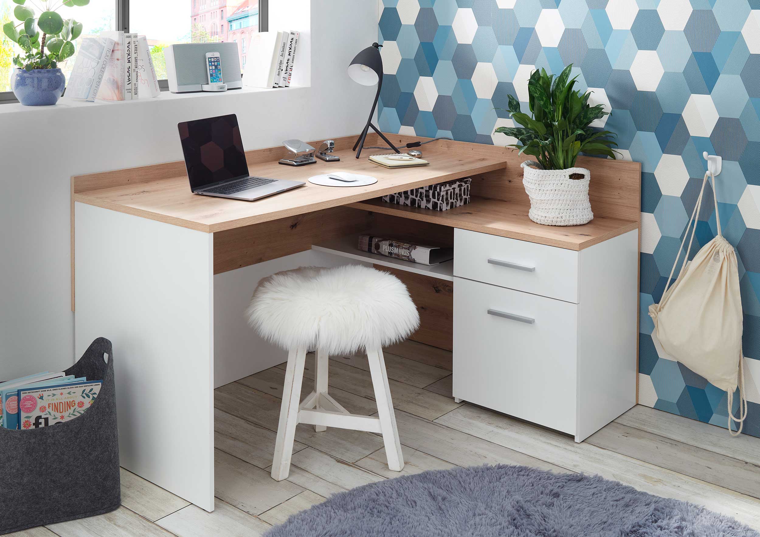 Bureau d'angle Morkov - chêne/blanc - Image 3