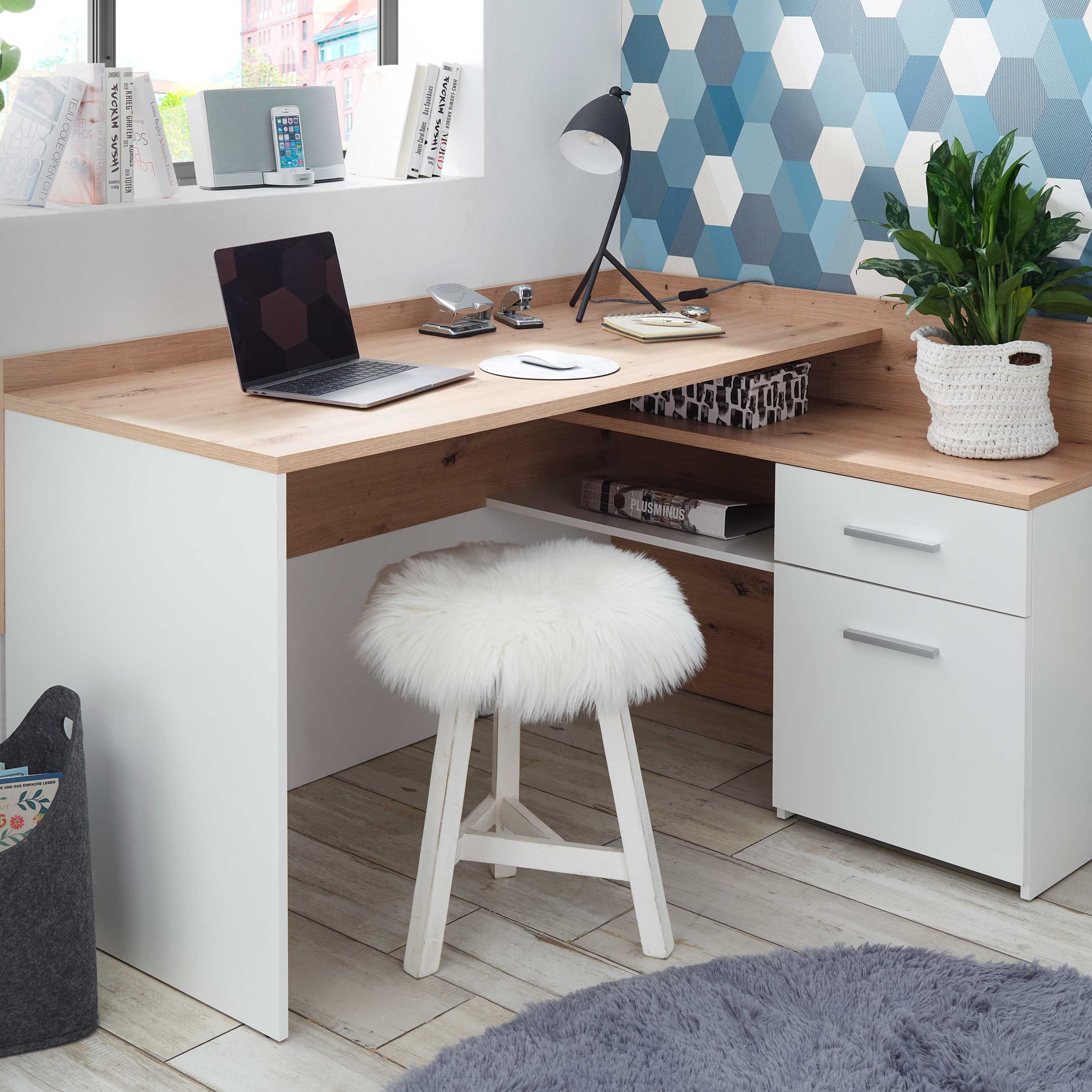 Bureau d'angle Morkov - chêne/blanc - Image 1