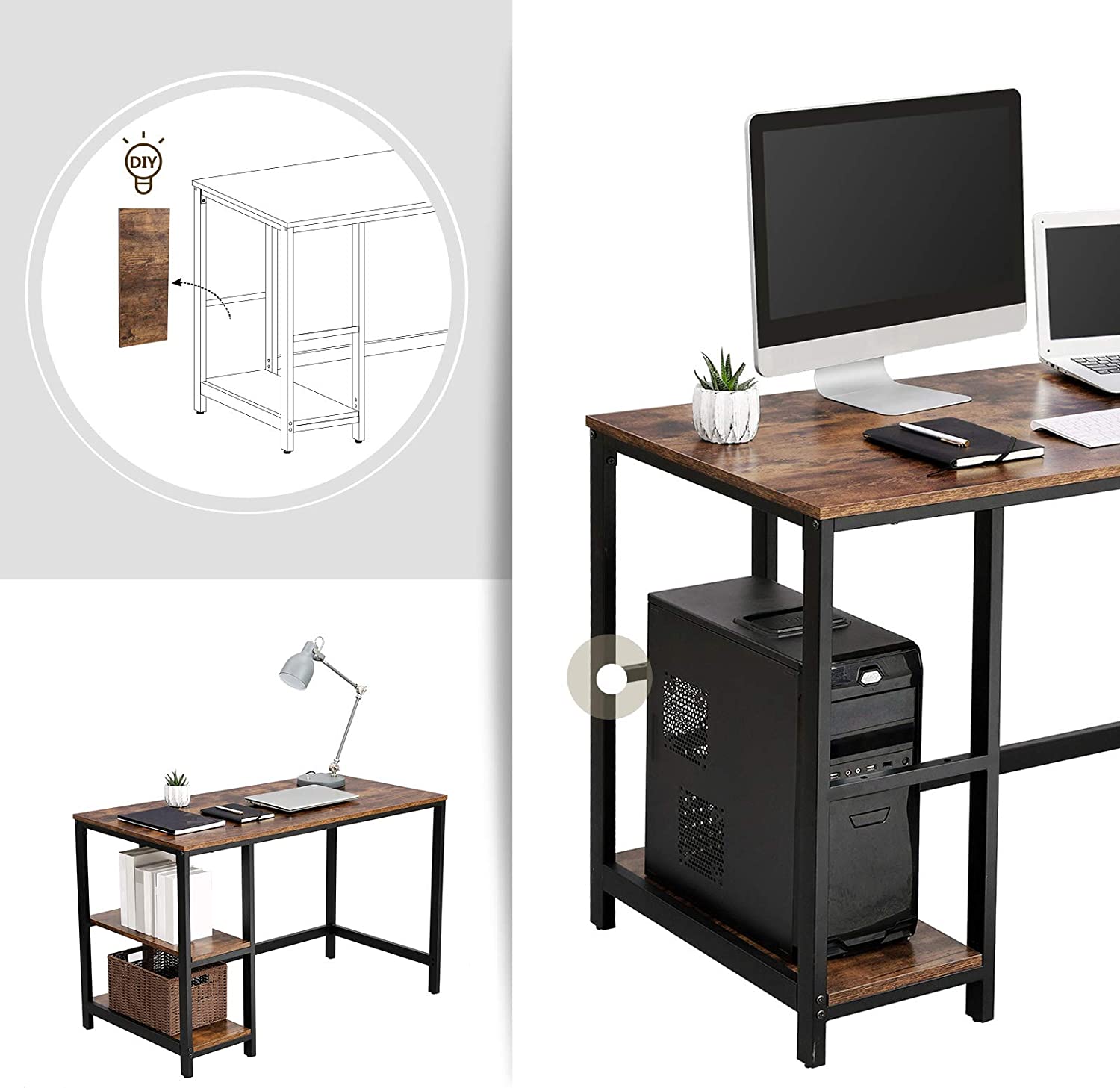 Bureau Fabrice 120cm 2 tablettes - brun rustique/noir - Image 3