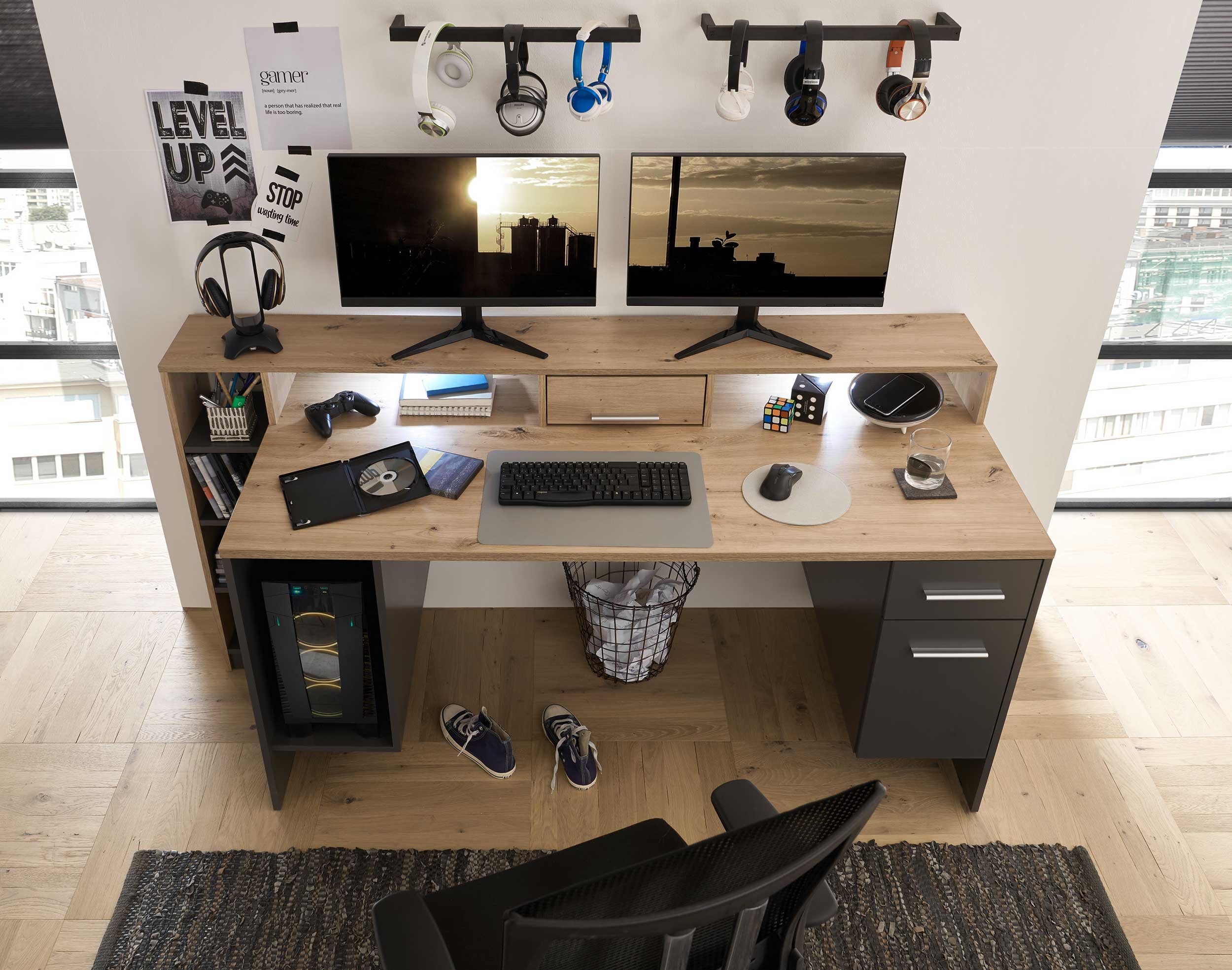 Bureau gaming Tudi éclairage compris - gris/bois - Image 11