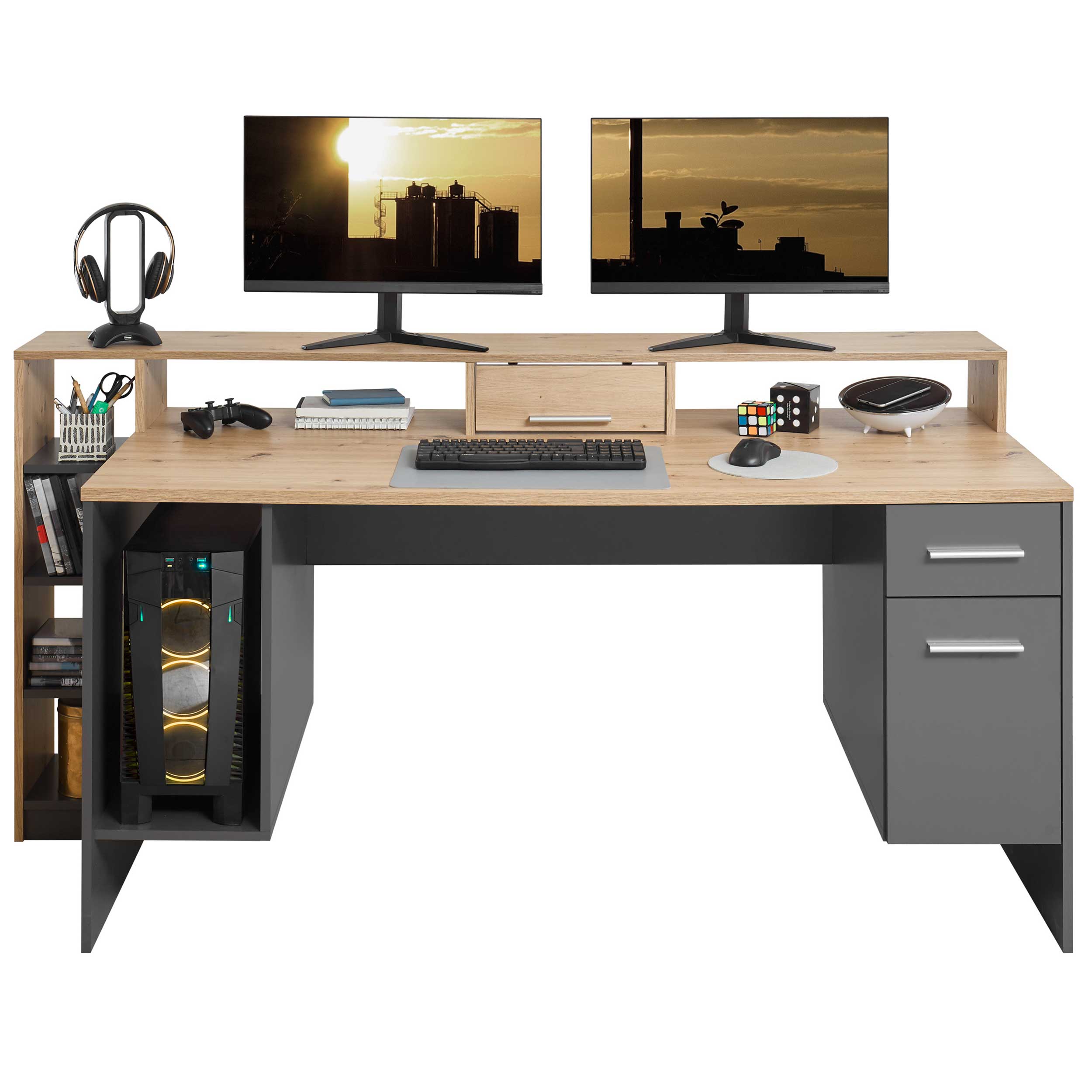Bureau gaming Tudi éclairage compris - gris/bois - Image 7