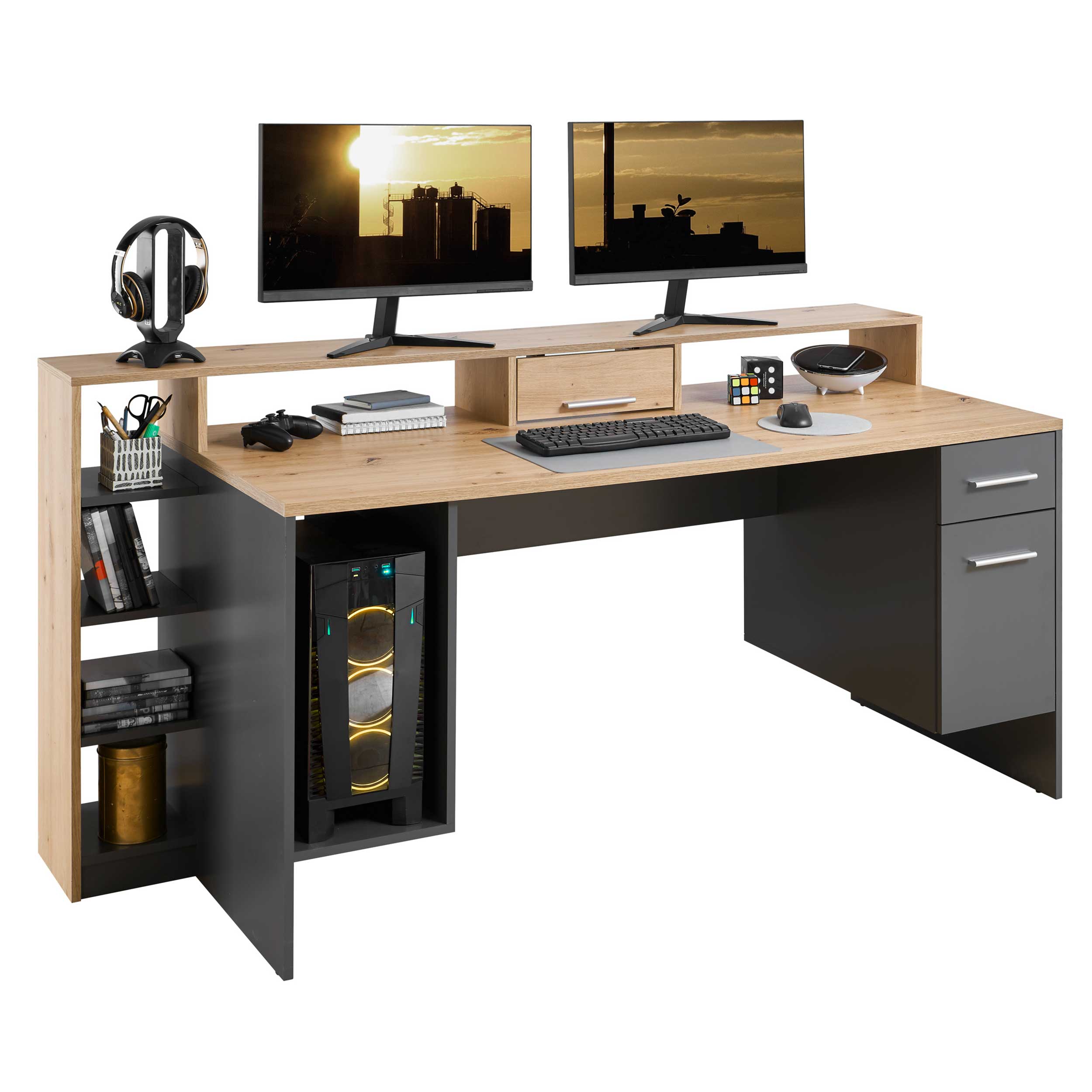 Bureau gaming Tudi éclairage compris - gris/bois - Image 10