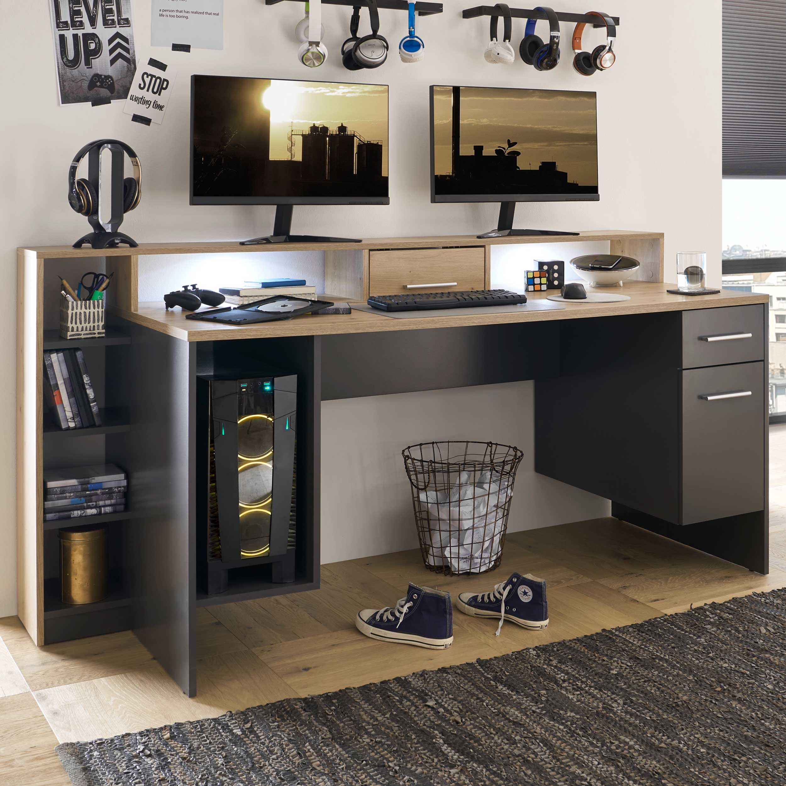 Bureau gaming Tudi éclairage compris - gris/bois