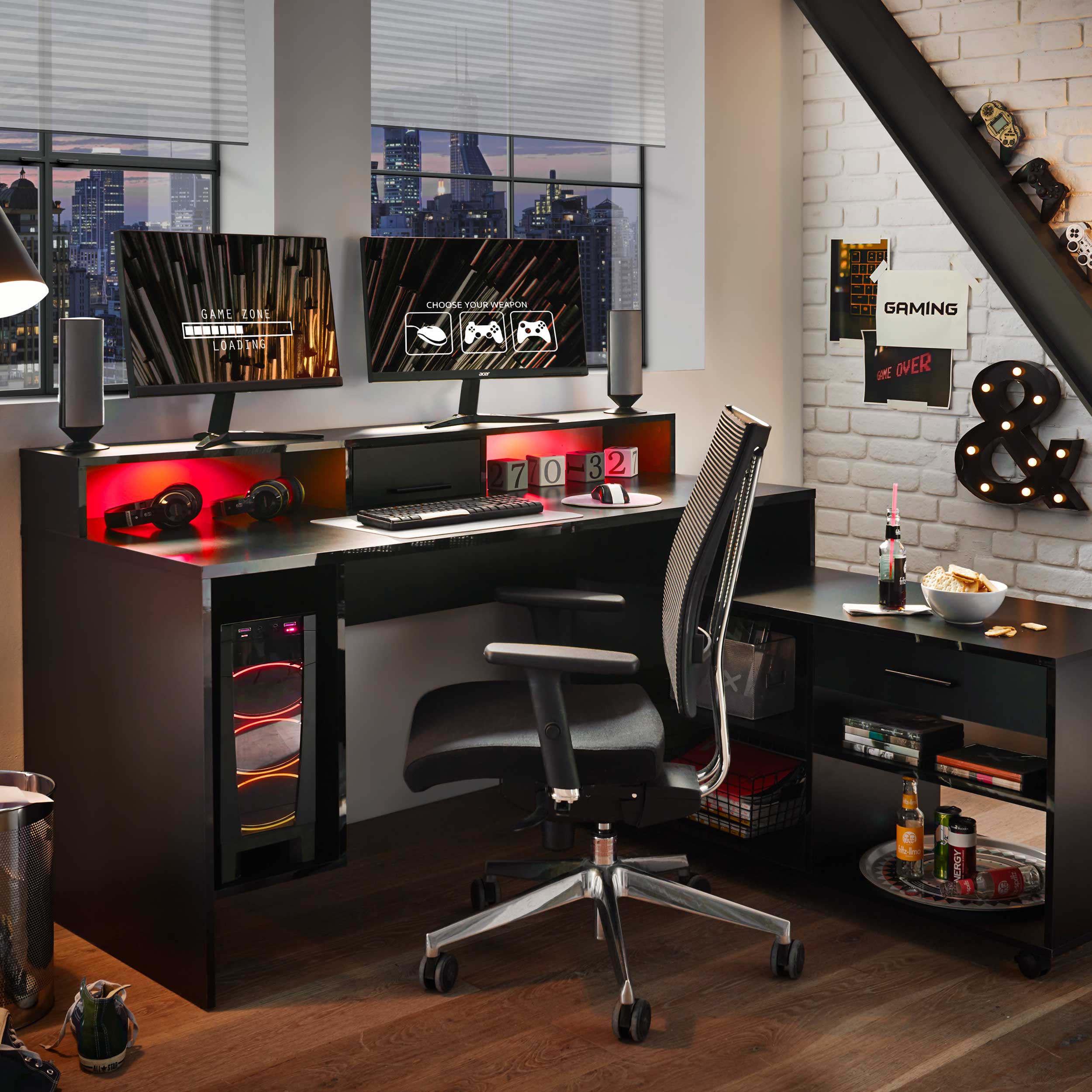 Bureau gaming Tudi éclairage compris - noir