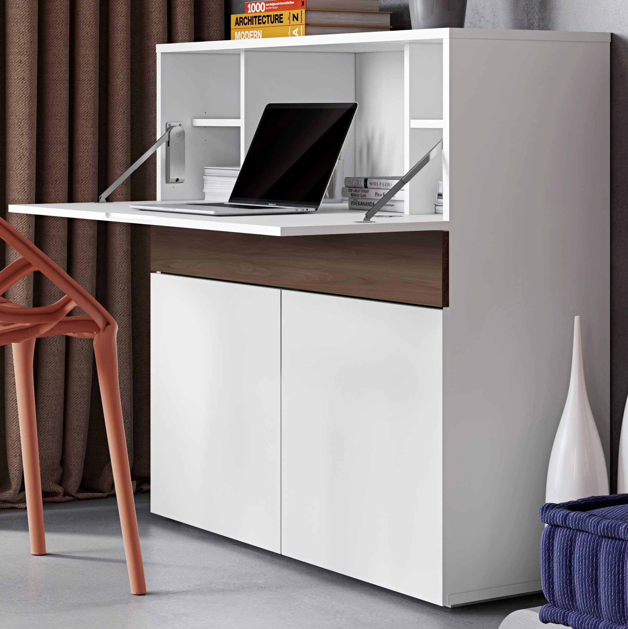 Bureau/meuble de rangement Fox 110cm - blanc/noyer - Image 1