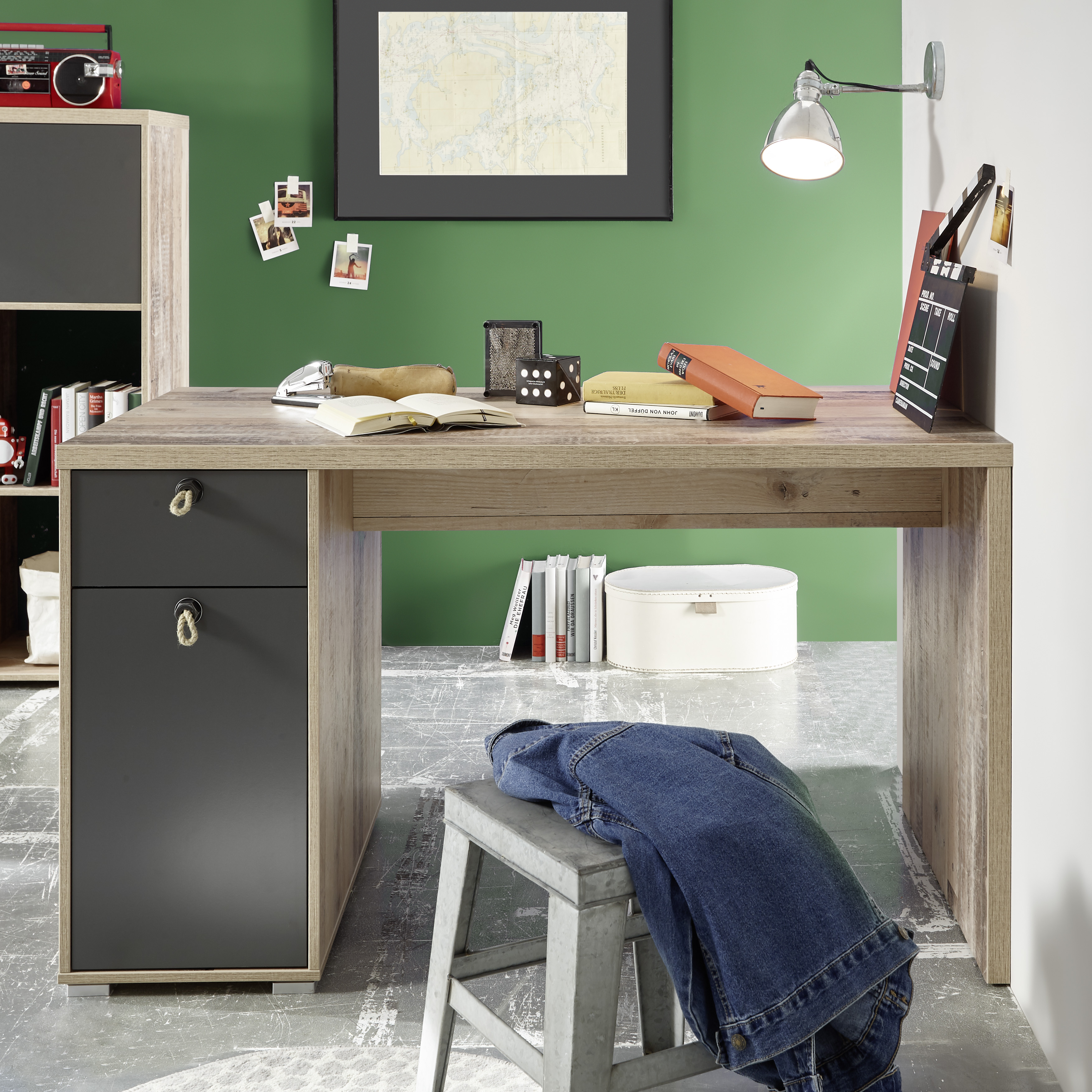 Bureau Moleskin 130cm avec 1 porte & 1 tiroir - anthracite/ancien style - Image 1