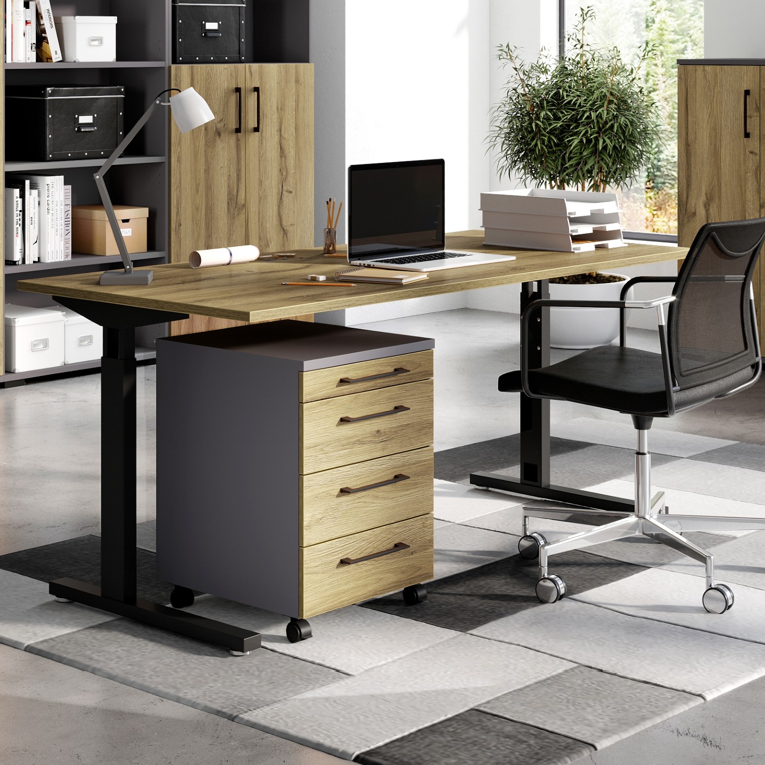 Bureau Presley 160cm réglable en hauteur - chêne/noir